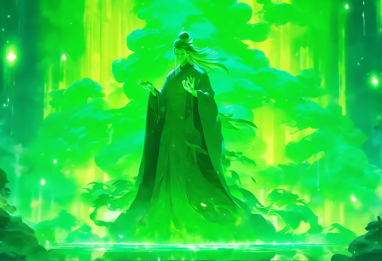 China-style,A Taoist priest stands in front of a huge transparent green light statue,Stretch your hands,Long messy hair,Glow effects,8K,super-fine,tmasterpiece,high qulity