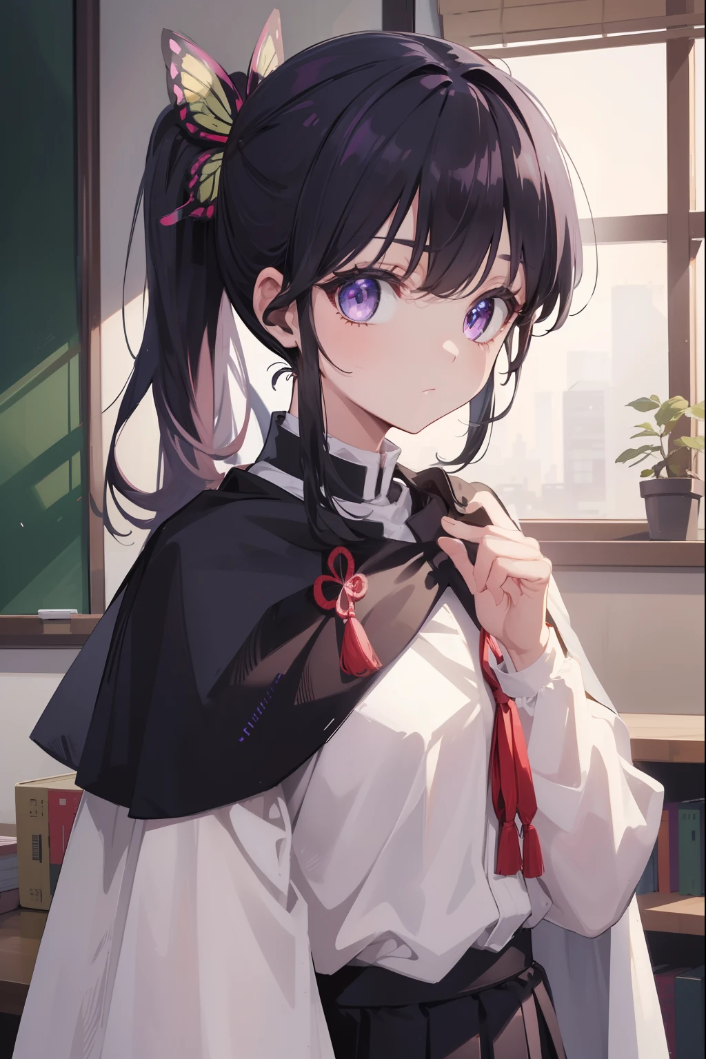 kanaotsuyuri, kanao tsuyuri, black hair, butterfly, butterfly hair ornament, (purple eyes:1.1), side ponytail, ponytail, 
BREAK black skirt, cape, demon slayer uniform, long sleeves, pleated skirt, skirt, white cape,
BREAK looking at viewer,
BREAK indoors, classroom,
BREAK (masterpiece:1.2), best quality, high resolution, unity 8k wallpaper, (illustration:0.8), (beautiful detailed eyes:1.6), extremely detailed face, perfect lighting, extremely detailed CG, (perfect hands, perfect anatomy),