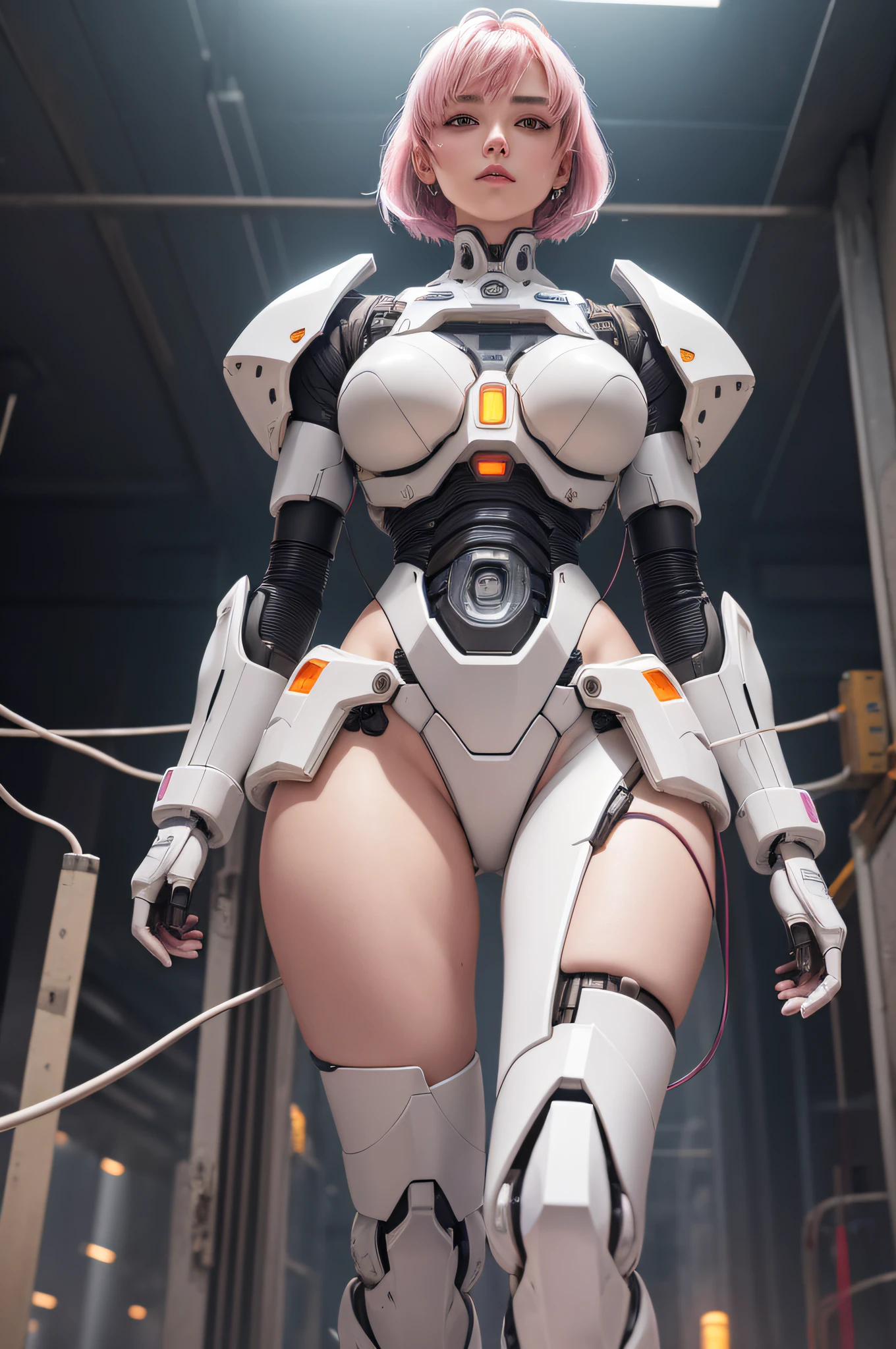 1mechanical_girl_with_kidou_keisatsu_patlabor_body , wearing_intricate_bioluminescent_mechanical_cyborg_armor_made_out_of ((white_beige_old_plastic)) , ((ultra realistic details)), detailed_face, global_illumination, shadows, octane_render, 8k, ultra_sharp, metal, ornaments_detailed, cold_colors, egypician_detail, highly_intricate_details, realistic_light, trending_on_cgsociety, glowing_eyes, look down on someone, ((from below)), lifted by self, looking at viewer, neon_details, machanical_limbs, blood_vessels_connected_to_tubes, ((lot_wires_and_cables_connecting_to_head_and_body)), killing_machine, extremely_sexy, lustful, medium breasts, slutty , official wallpaper, NSFW, In the style of Neon Genesis Evangelion, you find yourself standing on a desolate, post - apocalyptic wasteland, as the distant ruins of a massive city loom on the horizon. The sky is filled with ominous clouds, as a massive creature towers in the distance, cinematic light, dramatic light, pink + violet