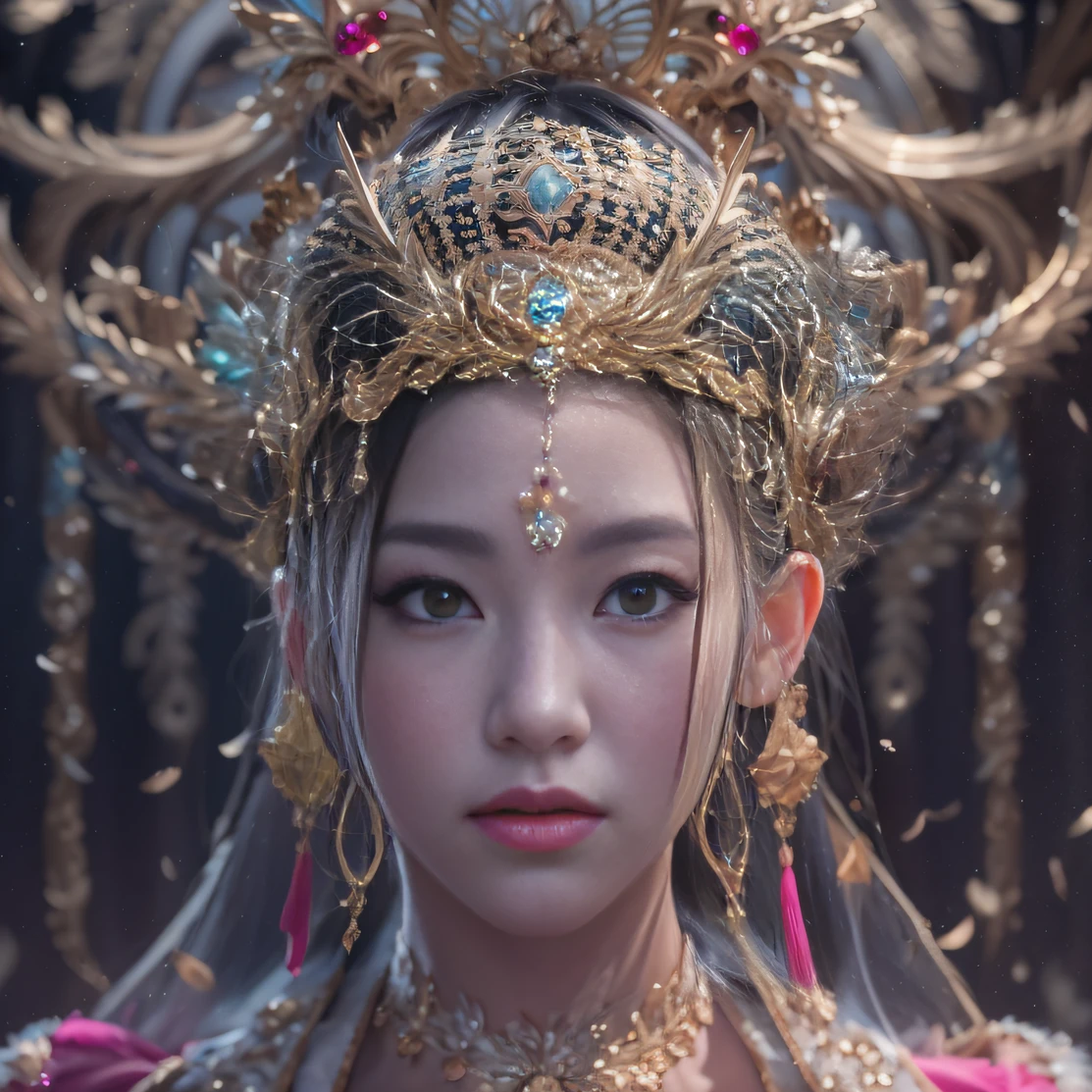 32K（tmasterpiece，k hd，hyper HD，32K）short detailed hair，Gold jewelry area in the back room，Flame Girl ，Yao Lang protector （realisticlying：1.4），Python pattern robe，Purple-pink tiara，Snowflakes fluttering，The background is pure，Hold your head high，Be proud，The nostrils look at people， A high resolution， the detail， RAW photogr， Sharp Re， Nikon D850 Film Stock Photo by Jefferies Lee 4 Kodak Portra 400 Camera F1.6 shots, Rich colors, ultra-realistic vivid textures, Dramatic lighting, Unreal Engine Art Station Trend, cinestir 800，Hold your head high，Be proud，The nostrils look at people
