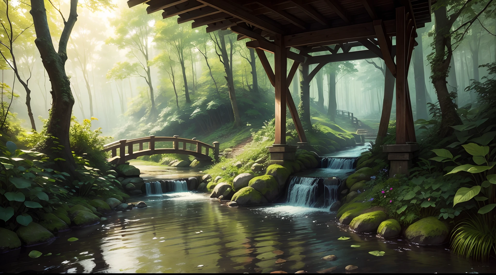 beautiful forest with a stream and foot bridge