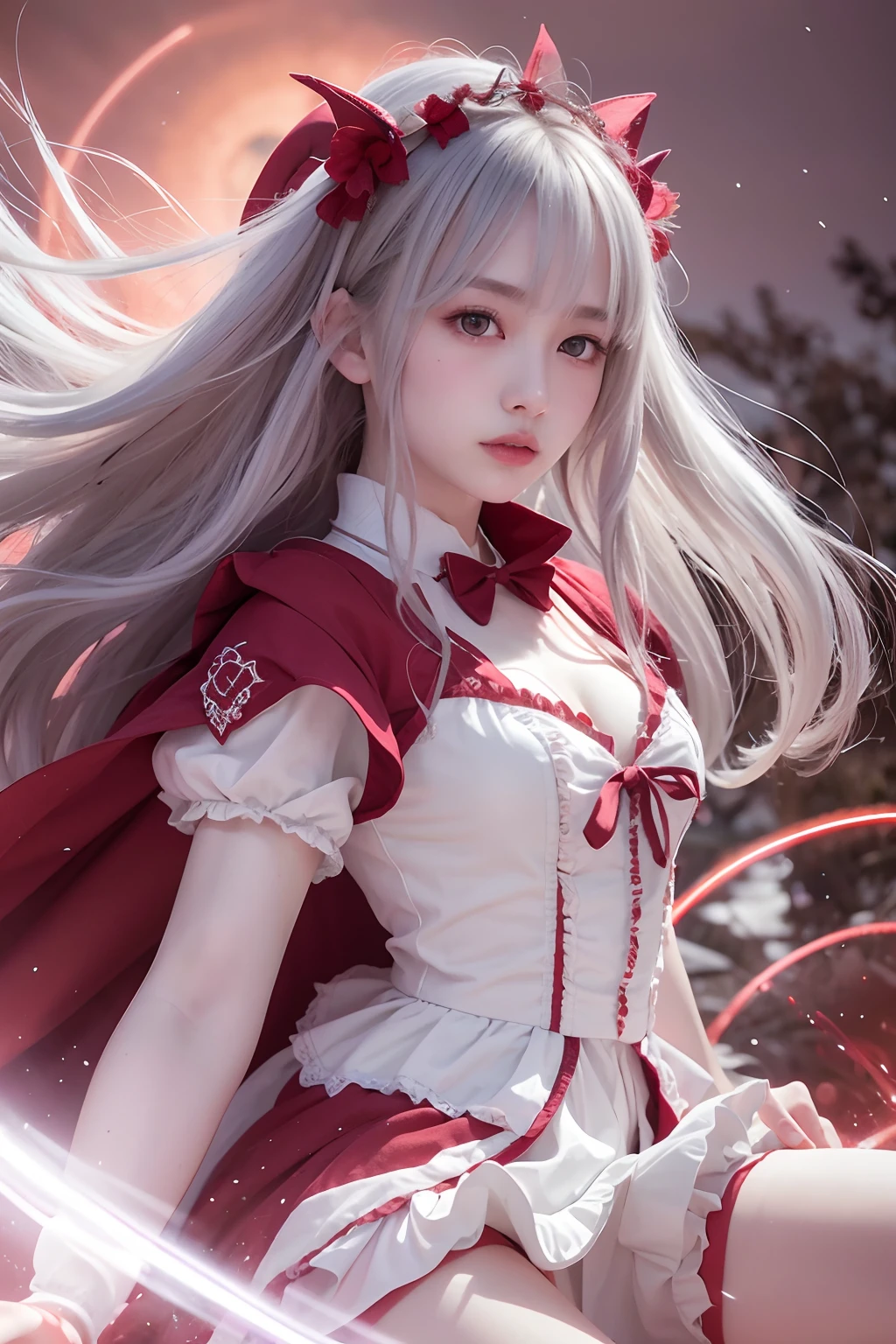 RAW photo, (Full HD epic wallpaper),8K,hyper HD, Digital SLR, Soft lighting, High quality, filmgrain, Fujifilm XT3,The eyes are delicate and clear,The face is super clear,(1人, femele:1.2),( A half body), Long gray hair, (The camera is focused on the knee:1.3),Solo, Detailed background, Detailed face, Pale complexion, ta costume, Red robe, , Floating particles, particle fx,, red flames, the are In the background, Surrounded by a crimson mist, Sunset, symetrical composition, Epic atmosphere,