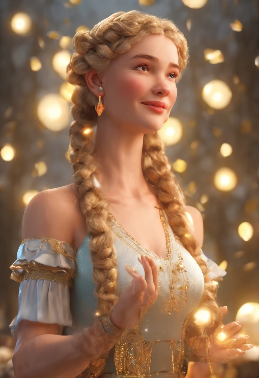 Superb masterpiece, upper body, (adult: 1.6) Hungarian woman, (giggle: 0.4), arms behind the head, golden braids, sparkling eyes, Victorian sun dress, floating light particles, centered, added facial detail