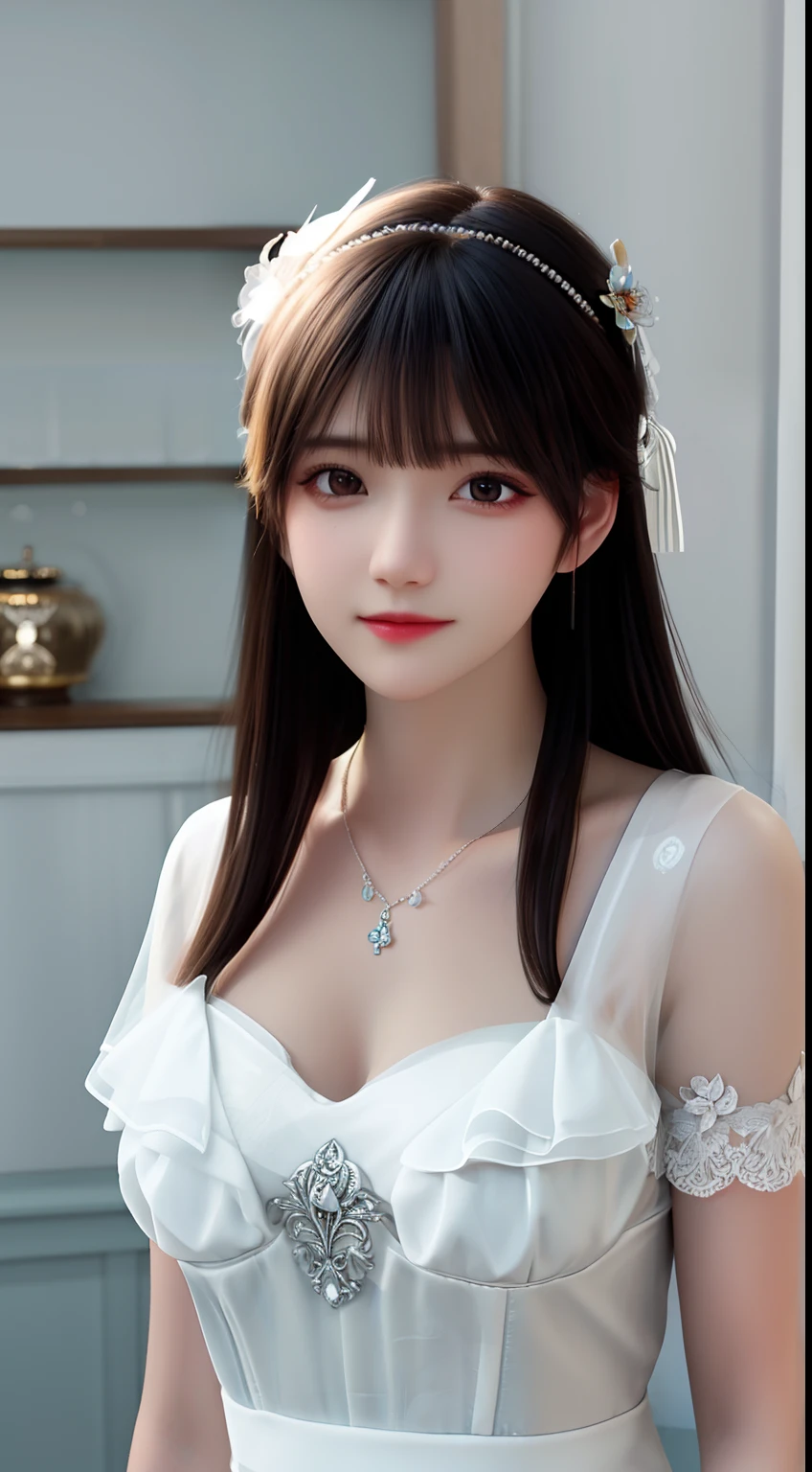 Best Quality, Masterpiece, High Resolution, 1girl, Porcelain Dress, Hair Accessories, Necklace, Jewelry, Pretty Face, On Body, Tyndall Effect, Realistic, Shadow Studio, Rim Lighting, Dual Tone Lighting, (High Detail Skins: 1.2), 8k UHD, dslr, soft light, high quality, volume light, sneak shot, photo, high resolution, 4k, 8k, background blur,
