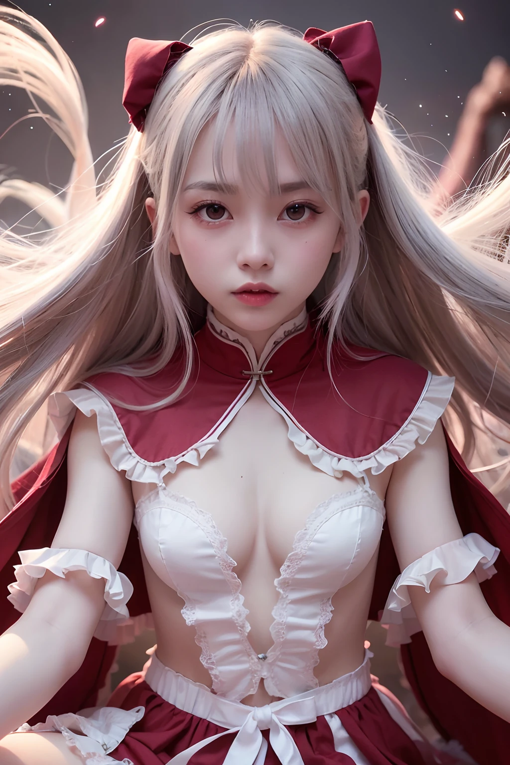 RAW photo, (Full HD epic wallpaper),8K,hyper HD, Digital SLR, Soft lighting, High quality, filmgrain, Fujifilm XT3,The eyes are delicate and clear,The face is super clear,(1人, femele:1.2),( A half body), Long gray hair, (The camera is focused on the knee:1.3),Solo, Detailed background, Detailed face, Pale complexion, Lolita costume, Red robe, , Floating particles, particle fx,, red flames, the are In the background, Surrounded by a crimson mist, Sunset, symetrical composition, Epic atmosphere,