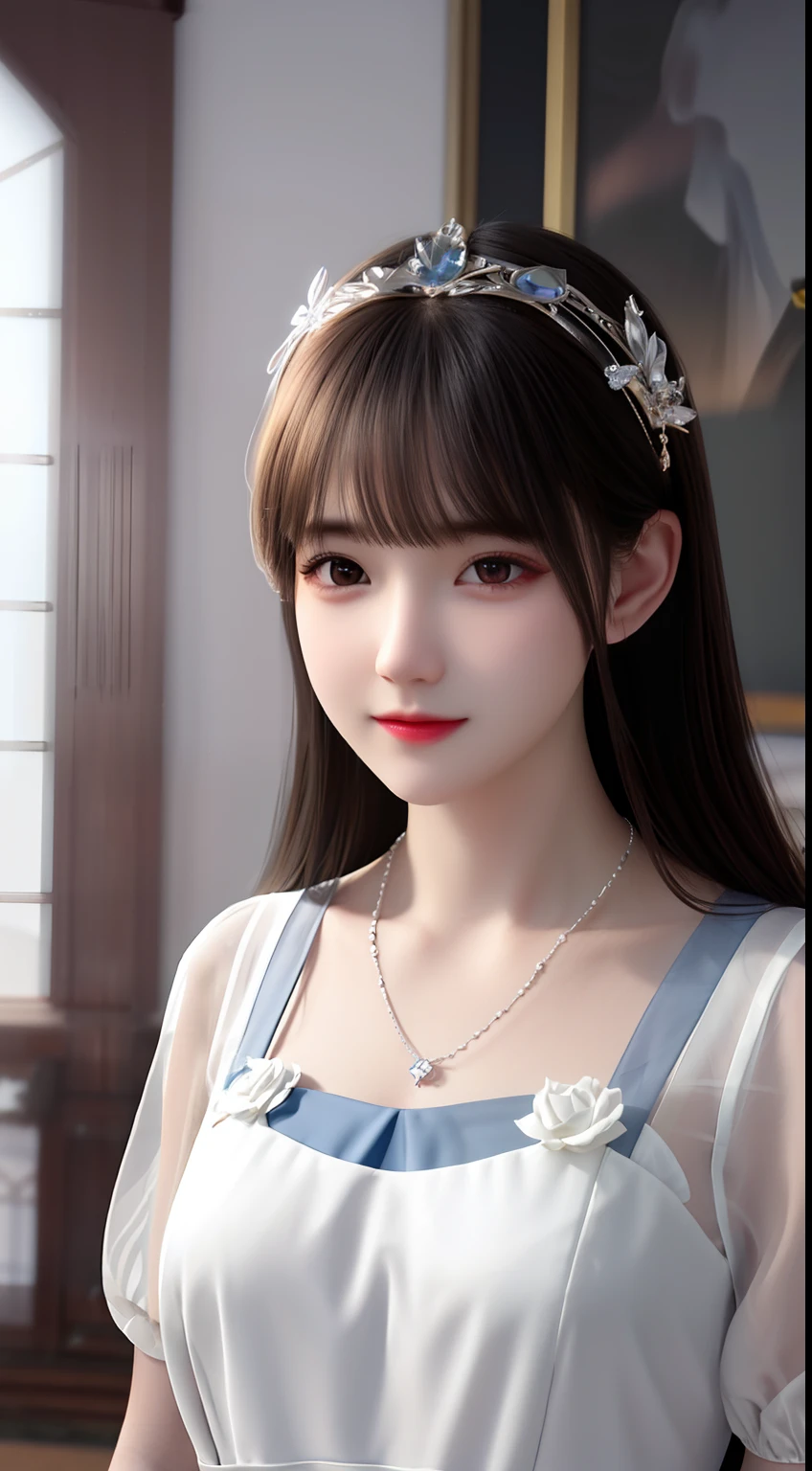 1 beautiful mature girl, looking at viewer, upper body, realistic,real girl, gentle girl, Girly, smooth pink and white skin, Front bangs, large breasts and round, excessively frilled princess dress, draped clothes, flawless face, jewelry, high nose, ornament, flower, lace trim, beautiful big and round orange eyes, sharp eyebrows, very sharp and detailed peacock eyelashes and makeup,orange red lipstick, Smile without opening your lips, long silky black hair and jewelry clips, masterpiece, best quality, 8k, detailed skin texture, detailed cloth texture, beautiful detailed face, intricate details, ultra detailed, rim lighting, side lighting, cinematic light, ultra high res, 8k uhd, film grain,best shadow, delicate, RAW photo, detailed and clear images, extremely sharp images,