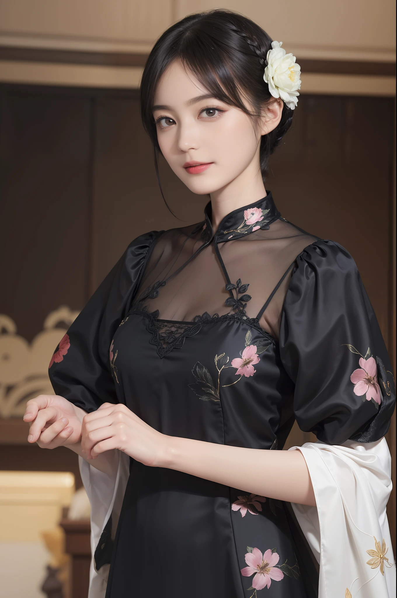 beautiful detailed eyes, beautiful detailed lips, extremely detailed eyes and face, long eyelashes, mature female, 1 girl, wearing Edgar Allan Poe cloak, Edgar Allan Poe cloak, black short hair, topknot, black and golden clothes, smiling, hands clasped in front, green eyes, large bust, tight fit, floral patterns, fish patterns, silk, embroidery, long nails, makeup, dense lashes, rings, standing in Chinese garden, detailed background, noon