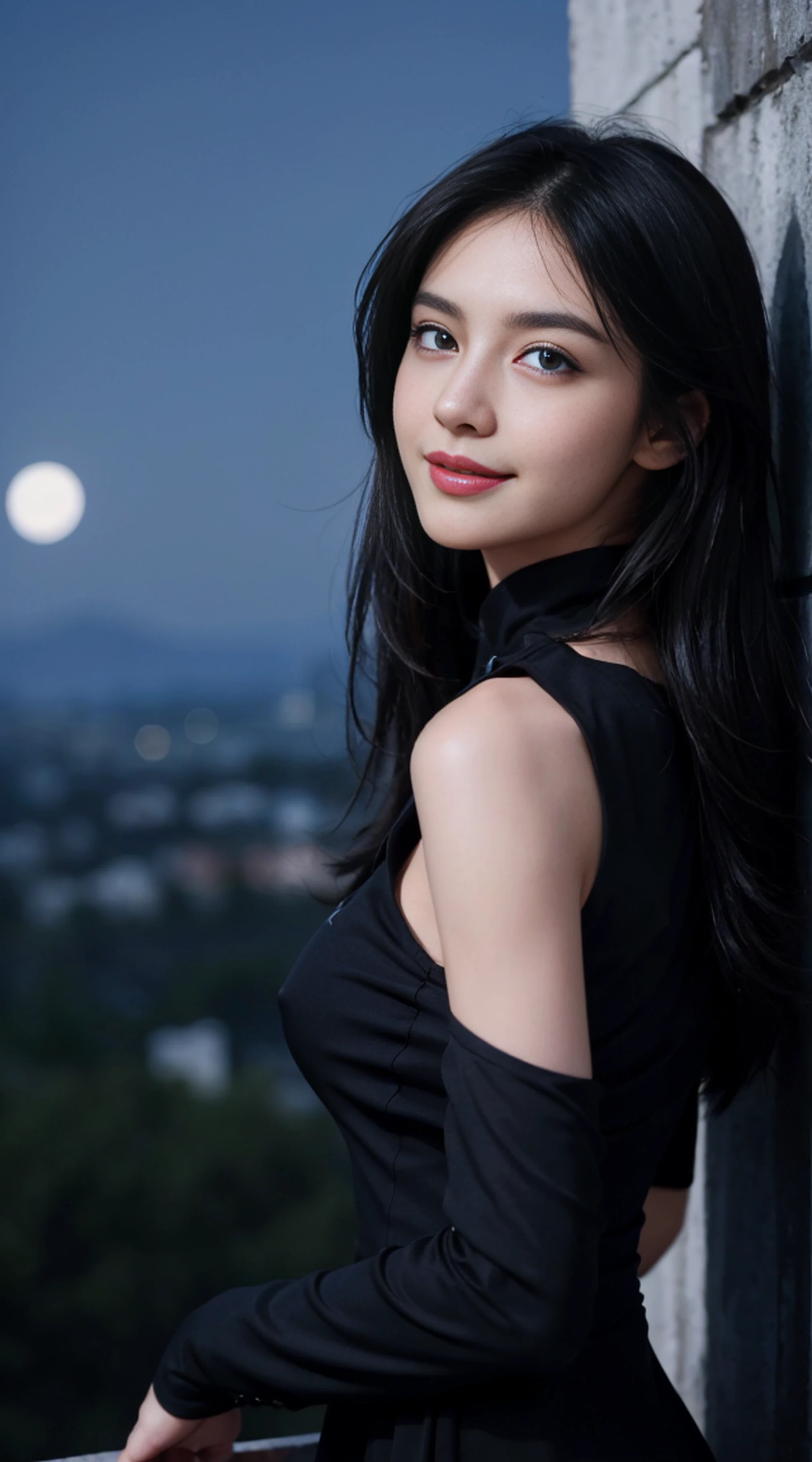 8K, Top Quality, Intricate Details, Ultra Detail, Ultra High Resolution, Masterpiece, random angle, Slender, Smile, (Makeup: 0.4), (Fluffy Blue Eyes: 1.21), blue Eyes, looking at viewer, ((full body)), 1girl, solo, 1 girl, (( full body)), close up shot, , ((tall)), (((fit body))), (((slim face))), sharp face, sharp eyes, (((black hair, long hair, )) (detailed face), sharp face, small lips,
((, baju kurung)), detailed face, detailed breast, , large breast, detail ass, , Beautiful girl with accentuated slender abs: 1.4, Six Pack Abs: 1.4, Bust Botox, Big, Perfect Body, detail leg, (( moonlight)), top of mountain