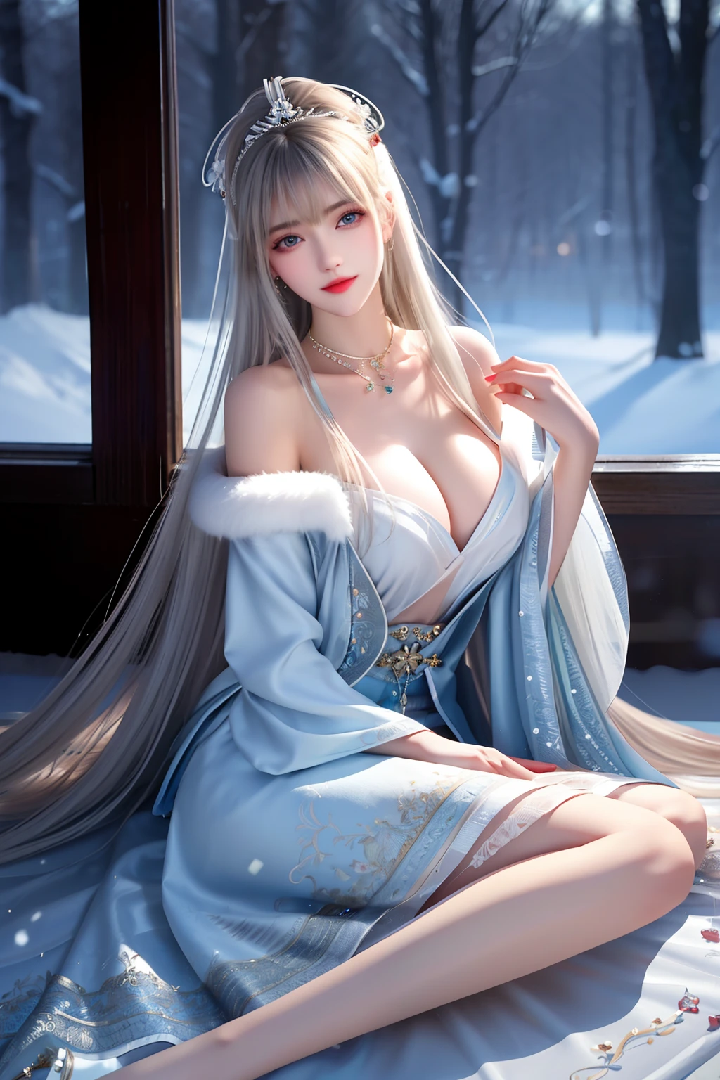 best qualityer,8K, tmasterpiece, A high resolution, 1girll, Clear silk porcelain dress, Fur coat, hair adornments,Delicate face shape,Perfect face shape, ssmile, Keep one's mouth shut, cparted lips,Large breasts,Shoulder, shift dresses, hair adornments, choker necklace, jewely, Chinese outfit, long whitr hair, 耳Nipple Ring, Detailed beautiful eyes, detailed eyelashes, beautiful face,after sexing_Body,Slender and long legs, Tyndall effect,realisticlying, edge lit, twotonelighting,(highdetailskin:1.2), 8K, Ultra HD, digital SLR camera, gentle illumination, high high quality, Volumetriclighting, Frankness, photore, A high resolution, Bokeh, at a forest, Falling snow, Winters, in the afternoon