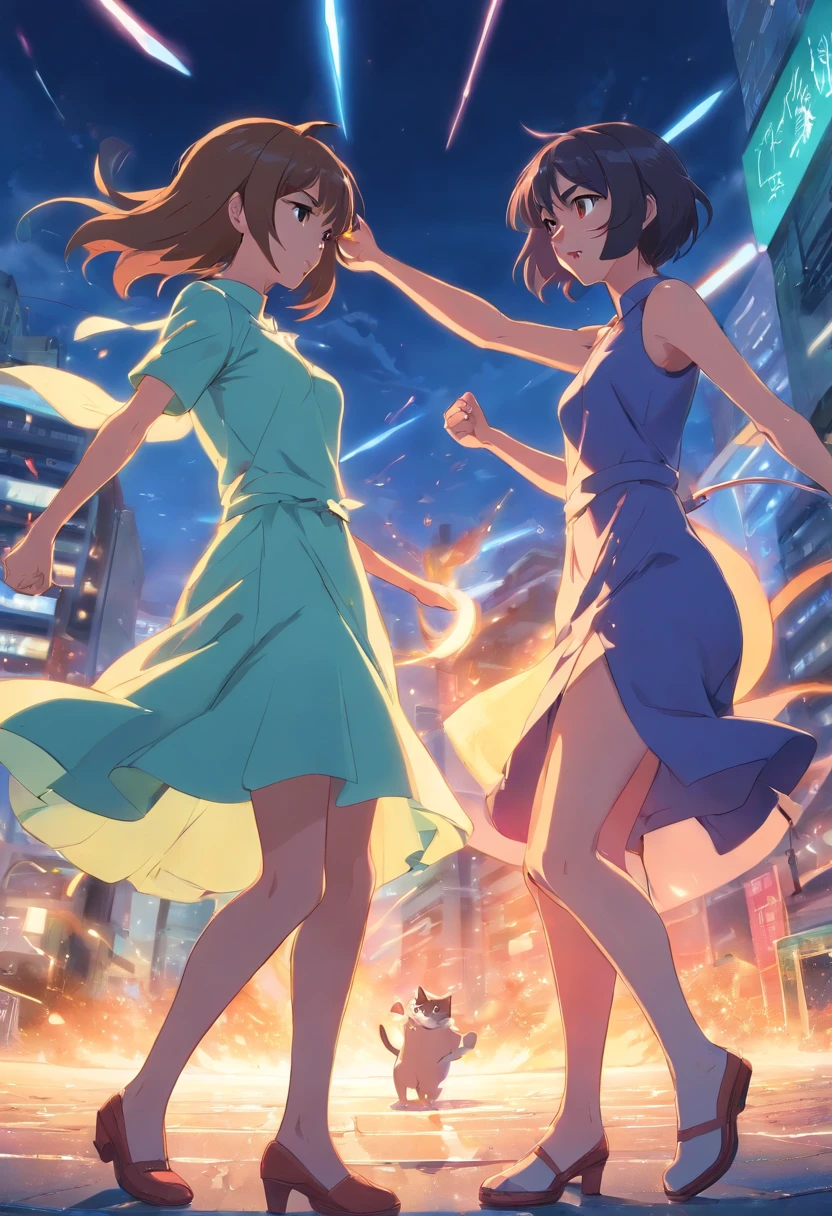 Cat fight between angry skinny beauty in dress