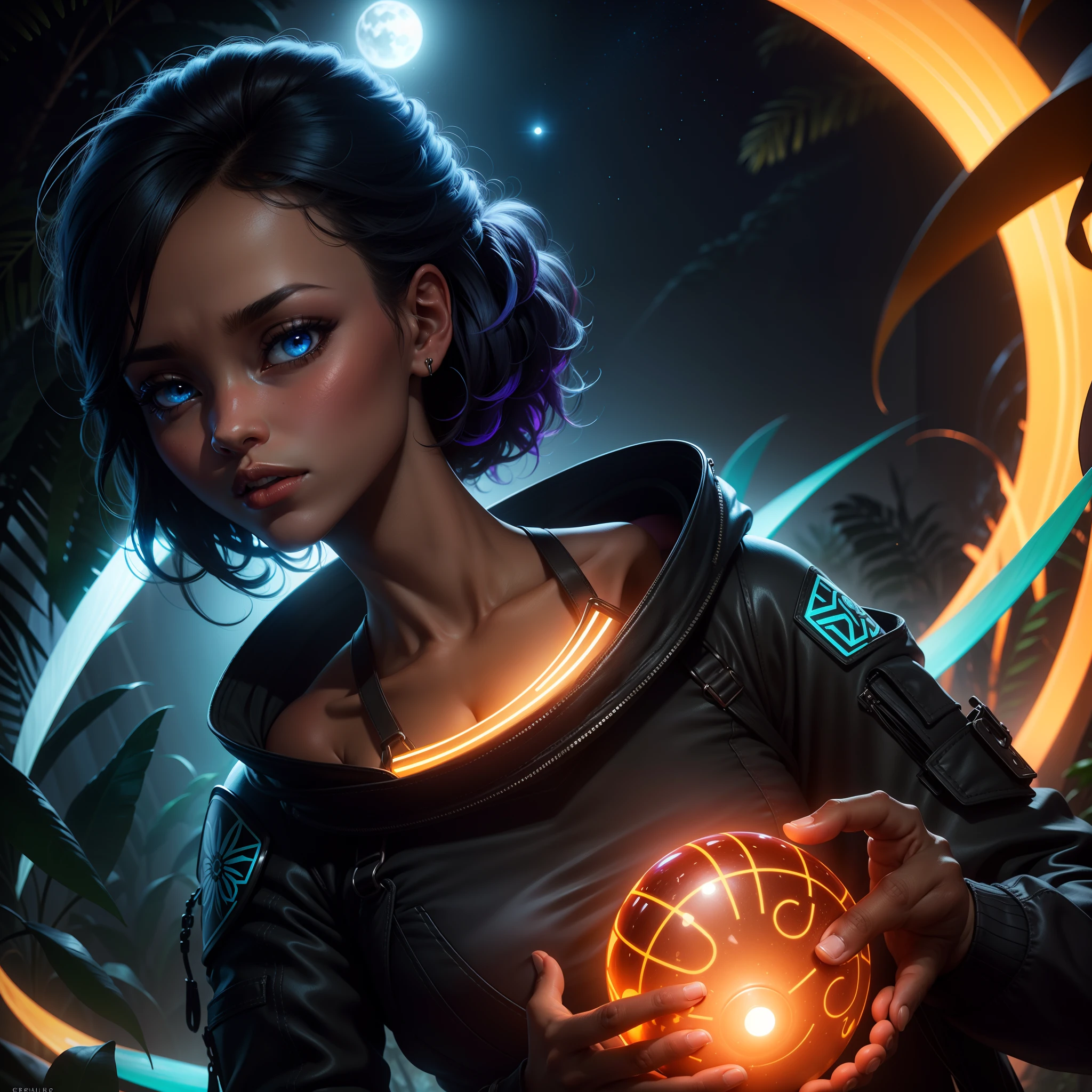 a close up of a beautiful black girl holding an African designed glowing object in their hands, jungle in the background, into the mirrorverse, enter the void, greg beeple, archillect concept art, lost in the void, blue moon in the sky shining blue light in the scene, with iridescent light, 32k, ultra HD, unreal engine rendered, cinematic lighting, artgerm style, bright and vibrant colours, photorealistic image