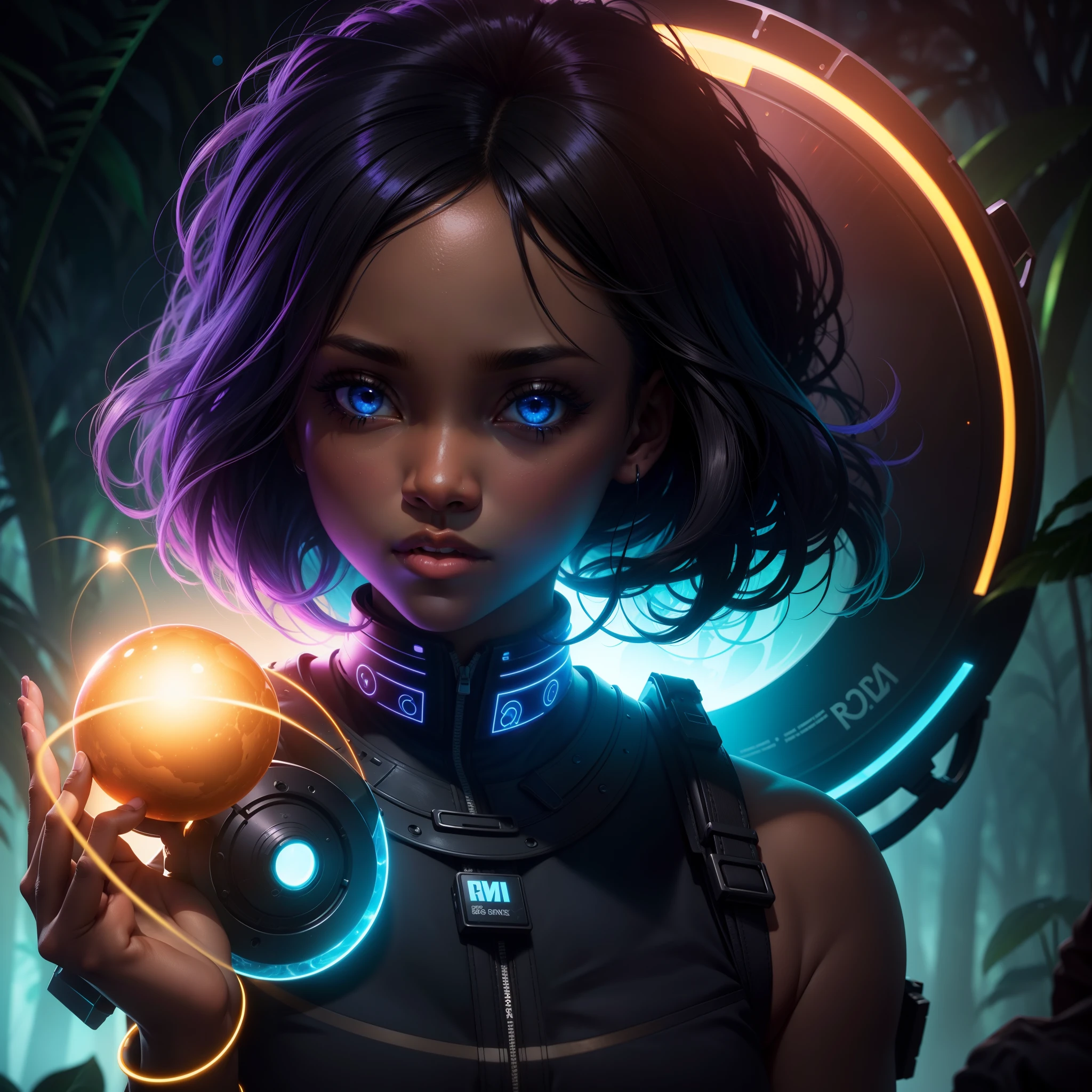 a close up of a beautiful black girl holding an African designed glowing object in their hands, jungle in the background, into the mirrorverse, enter the void, greg beeple, archillect concept art, lost in the void, blue moon in the sky shining blue light in the scene, with iridescent light, 32k, ultra HD, unreal engine rendered, cinematic lighting, artgerm style, bright and vibrant colours, photorealistic image