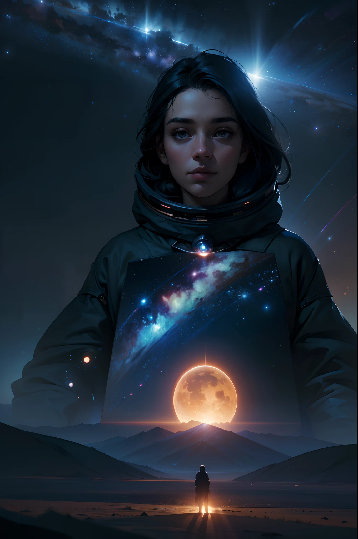 ((Best quality, 8K, Masterpiece)), Stand far away,People from afar,Magnificent space imagery in the distance,Interstellar,heavenly body,kosmos,space,depth of fields,Light,Depth-of-fie,A deep,Sense of space,upper sky