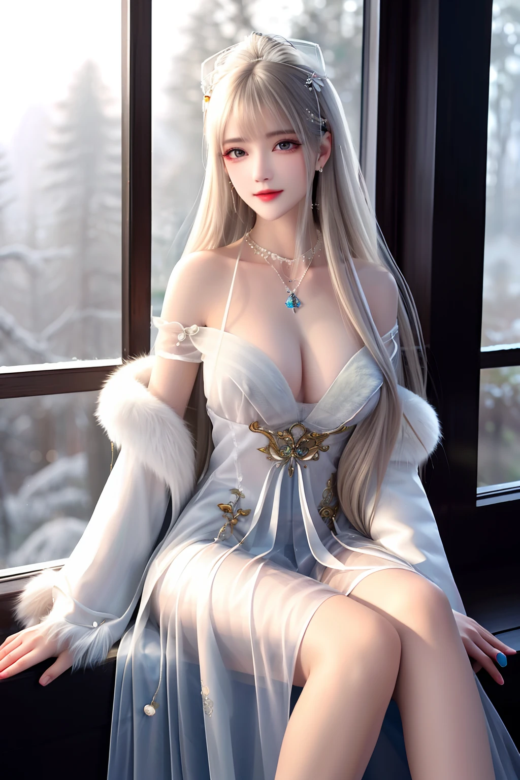 best qualityer,8K, tmasterpiece, A high resolution, 1girll, Clear silk porcelain dress, Fur coat, hair adornments,Delicate face shape,Perfect face shape, ssmile, Keep one's mouth shut, cparted lips,Large breasts,Shoulder, shift dresses, hair adornments, choker necklace, jewely, Chinese outfit, long whitr hair, 耳Nipple Ring, Detailed beautiful eyes, detailed eyelashes, beautiful face,after sexing_Body,Slender and long legs, Tyndall effect,realisticlying, edge lit, twotonelighting,(highdetailskin:1.2), 8K, Ultra HD, digital SLR camera, gentle illumination, high high quality, Volumetriclighting, Frankness, photore, A high resolution, Bokeh, at a forest, Falling snow, Winters, in the afternoon