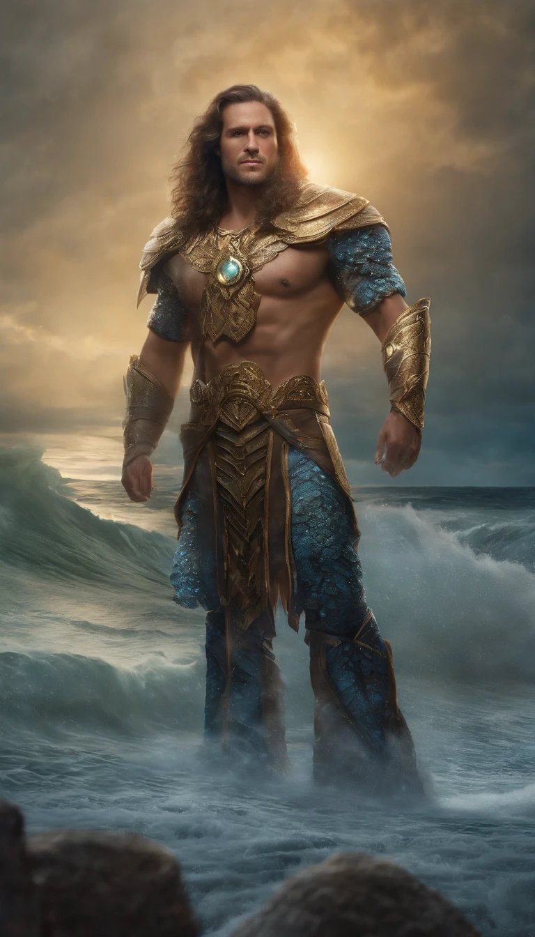(Mature male:1.5), merfolk，((Solo)), ((The upper body is a human and the lower body is a fish))，The body of the fish replaces the legs，(((Wheat-colored skin)))，(Blue-green scales)，(Finned ears)，Slag，musculous，vast pecs，Broad shoulders，Thick-breasted，((Bare upper body))，Huge crotch bulge，Smooth skin，Glowing skin，glowing light eyes，((tiara studded with gemstones))，brown  hair，short detailed hair，the god of the sea，(holding trident), High- sharpness，High picture quality，tmasterpiece，Movie lighting，Skin with a real texture，hyperrealistic photo, ((full bodyesbian，in a panoramic view))，Underwater shooting，Background with：ocean floor，Surrounded by colorful fish，colorful coral，Colorful background，intricately details，Rich background