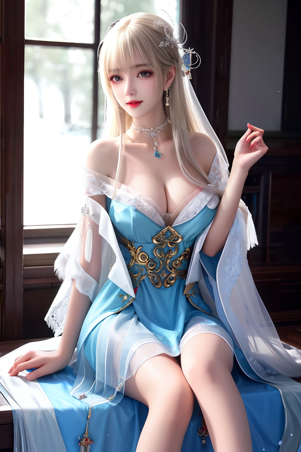best qualityer,8K, tmasterpiece, A high resolution, 1girll, Clear silk porcelain dress, Fur coat, hair adornments,Delicate face shape,Perfect face shape, ssmile, Keep one's mouth shut, cparted lips,Large breasts,Shoulder, shift dresses, hair adornments, choker necklace, jewely, Chinese outfit, long whitr hair, 耳Nipple Ring, Detailed beautiful eyes, detailed eyelashes, beautiful face,after sexing_Body,Slender and long legs, Tyndall effect,realisticlying, edge lit, twotonelighting,(highdetailskin:1.2), 8K, Ultra HD, digital SLR camera, gentle illumination, high high quality, Volumetriclighting, Frankness, photore, A high resolution, Bokeh, at a forest, Falling snow, Winters, in the afternoon