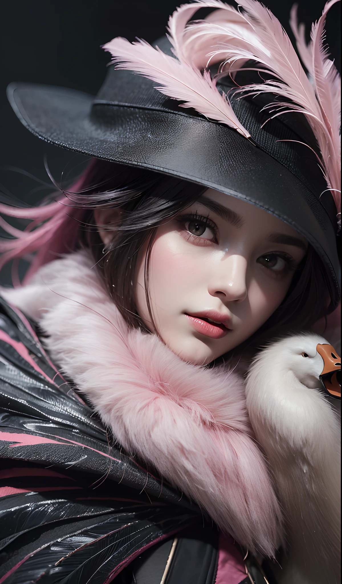 ((Swan anthropomorphic feminine)), delicate feathers swan anthropomorphic, ((human face woman)), charming feathers, beautiful plumage swan anthropomorphic, ((etheral feathers))), ((dark pink cheekbones)), fractal diamond feathers, pretty face, ((tender love eyes)), ((black eyes)), (( black pupil )), Miki Asai Macro photography, close-up, hyper detailed, trending on artstation, sharp focus, studio photo, intricate details, highly detailed, by greg rutkowski --auto --s2