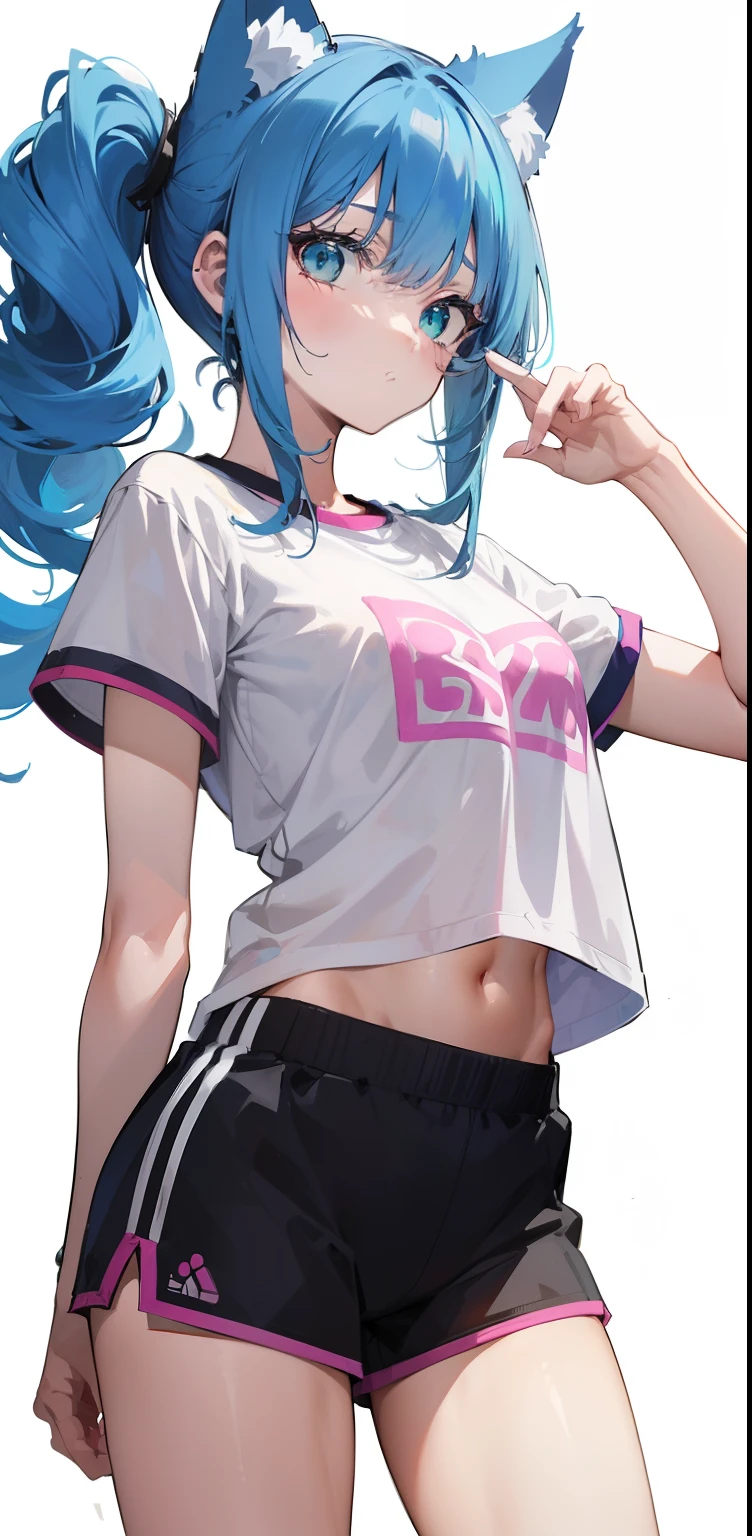 (sketch drawing), (close up), (age body), (chest a little big), (legs), (thighs), (pink cheeks), (short shirt), (gym shorts), (ears blue cat), (Beautiful cat ears), (blue hair), (green eyes), (big hair), (bangs), (details in the locks), (white background),