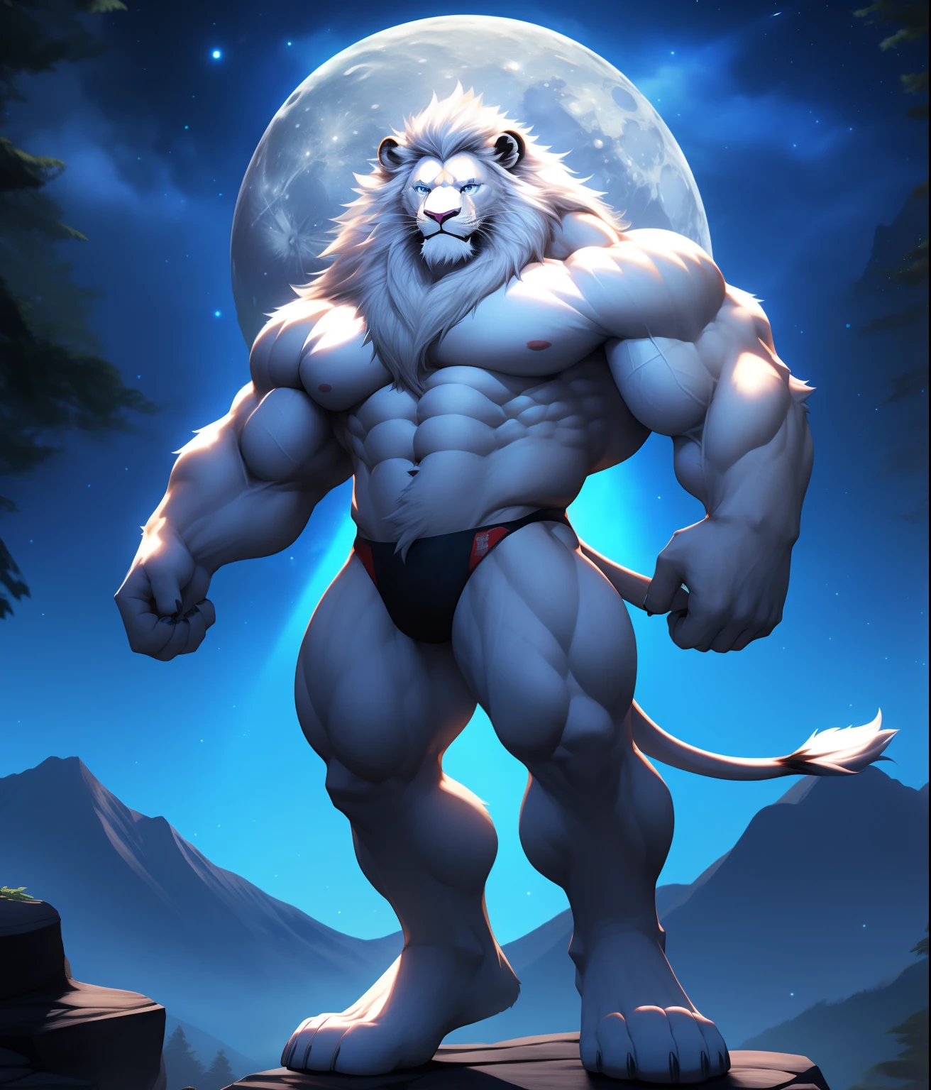 nj5furry, (albino lion, massive, huge), albino lion, ((extremely realistic shadows, masterpiece, extremely detailed, photorealistic)), kemono, lion, blue eyes, ((detailed eyes)) luminescence in his eyes, white fur, white skin, white hair, white mane, wears a tiny sky blue thong revealing huge muscular thighs; mountain forest, night, moon rays, moon, stars, nebulae, Height 2 meters high, the optimal height, tight clothing, body full of muscles; muscle pecs, ripped abs, V-shaped body, thick waist, long legs, strong arms manly, handsome face, attractive cool calm face type with a cold smile, topless.
