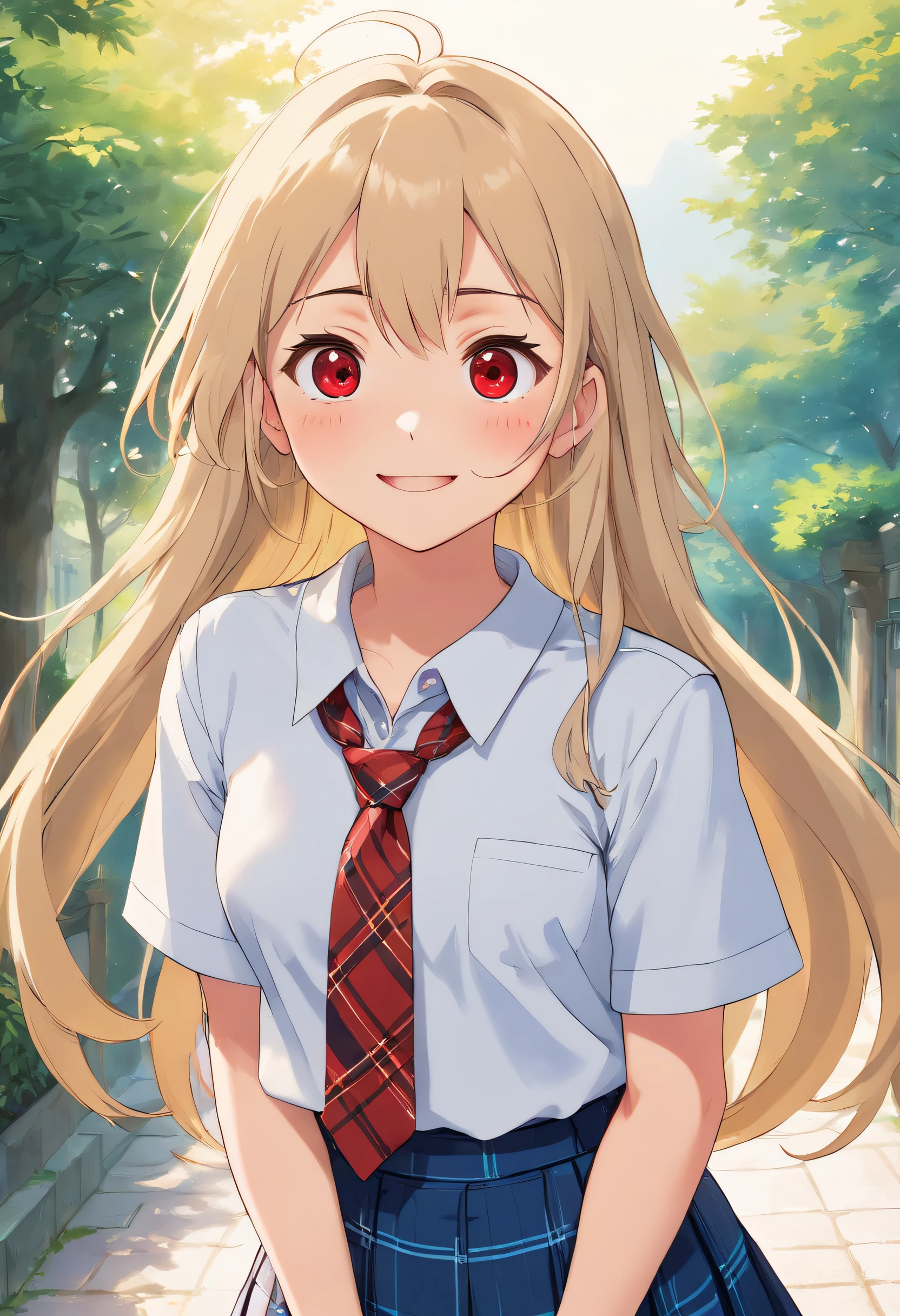 4K, Masterpiece, highres, absurdres,natural volumetric lighting and best shadows, deep depth of field, sharp focus, soft delicate beautiful attractive face,bisquedoll anime style ,[kitagawa marin|Nadia], 1girl, :d, upper body, bead bracelet, beads, black necktie, blonde hair, blue skirt, blush, bracelet, hand on own hip, jewelry, long hair, looking at viewer, necktie, open mouth, plaid, plaid skirt, red eyes, school uniform, shirt, outdoors, skirt, smile, solo, standing,white background, white shirt,
