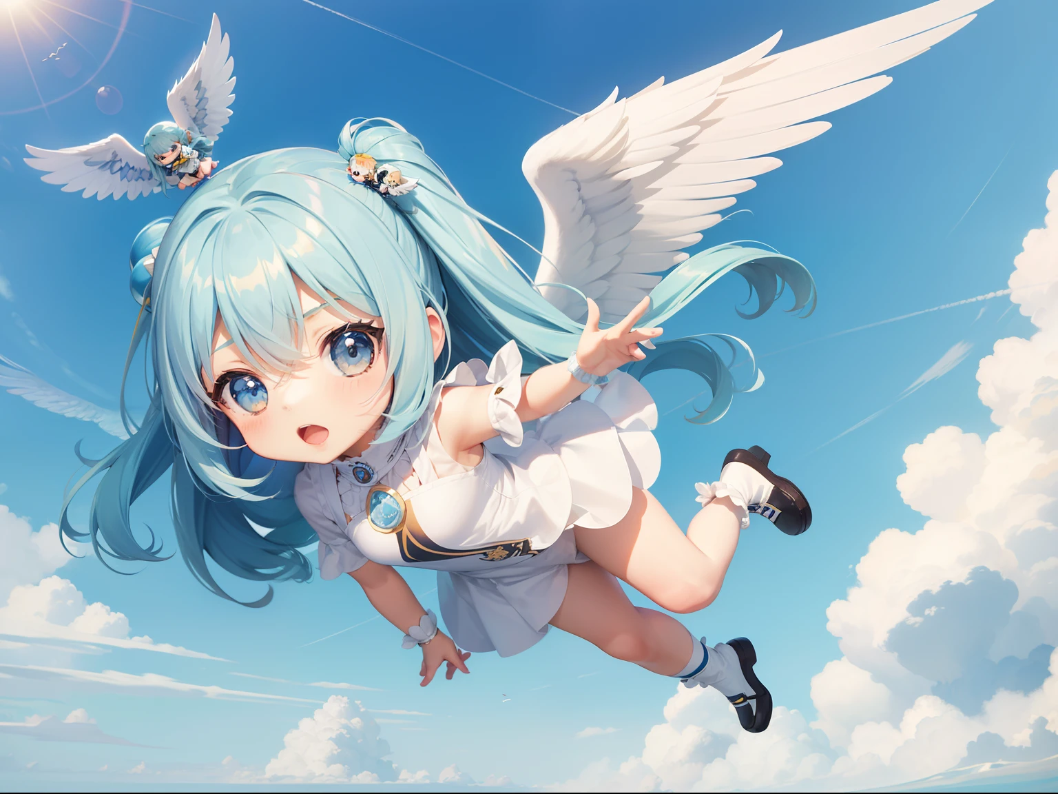 Fly through the sky with angel wings　Chibichara　long hair with blue hair((Chibi Chara))、Fluffy、girl with、Chibi Chara、full body Esbian、Pastel colors hair、masutepiece、top-quality、