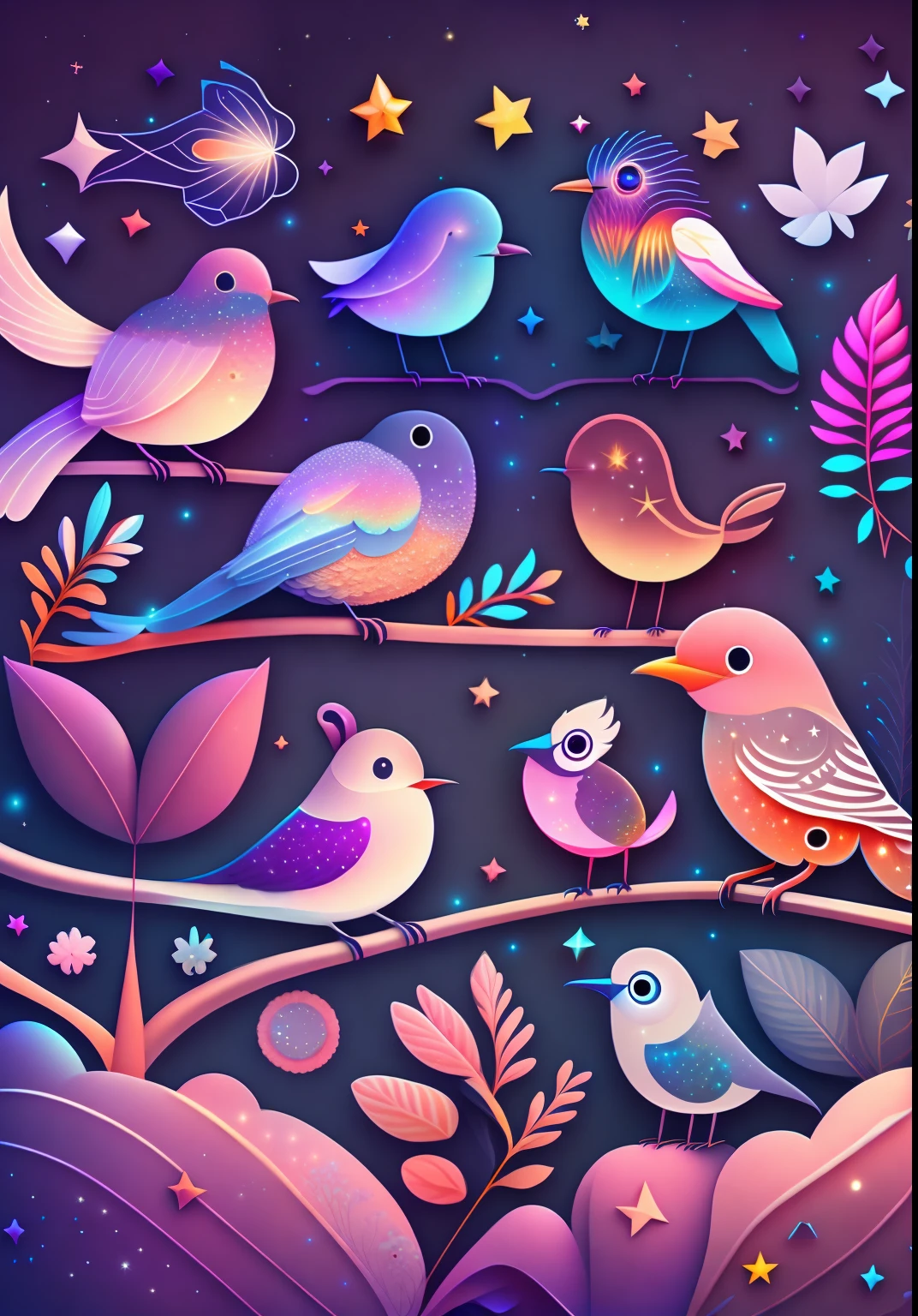 A variety of beautiful birds，A cartoon illustration，Stars twinkle in the sky，The color gradient is vivid。Immerse yourself in a mysterious world full of magical elements（The weight is 0.9）。
