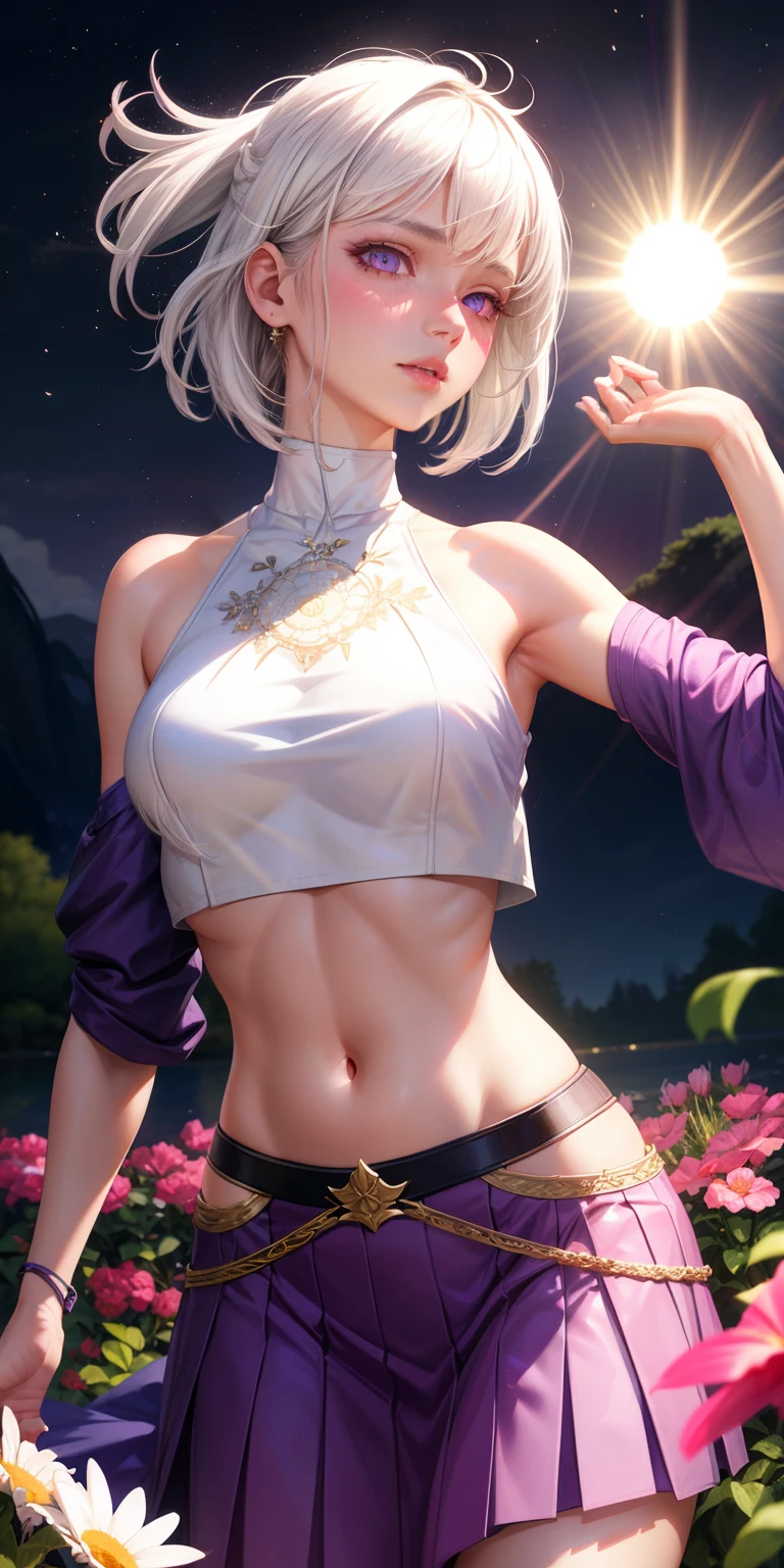 realistic, 1girl, white hair, purple eyes, glowing eyes, crop top, skirt, parted lips, blush, night, flowers, sun, sunlight,