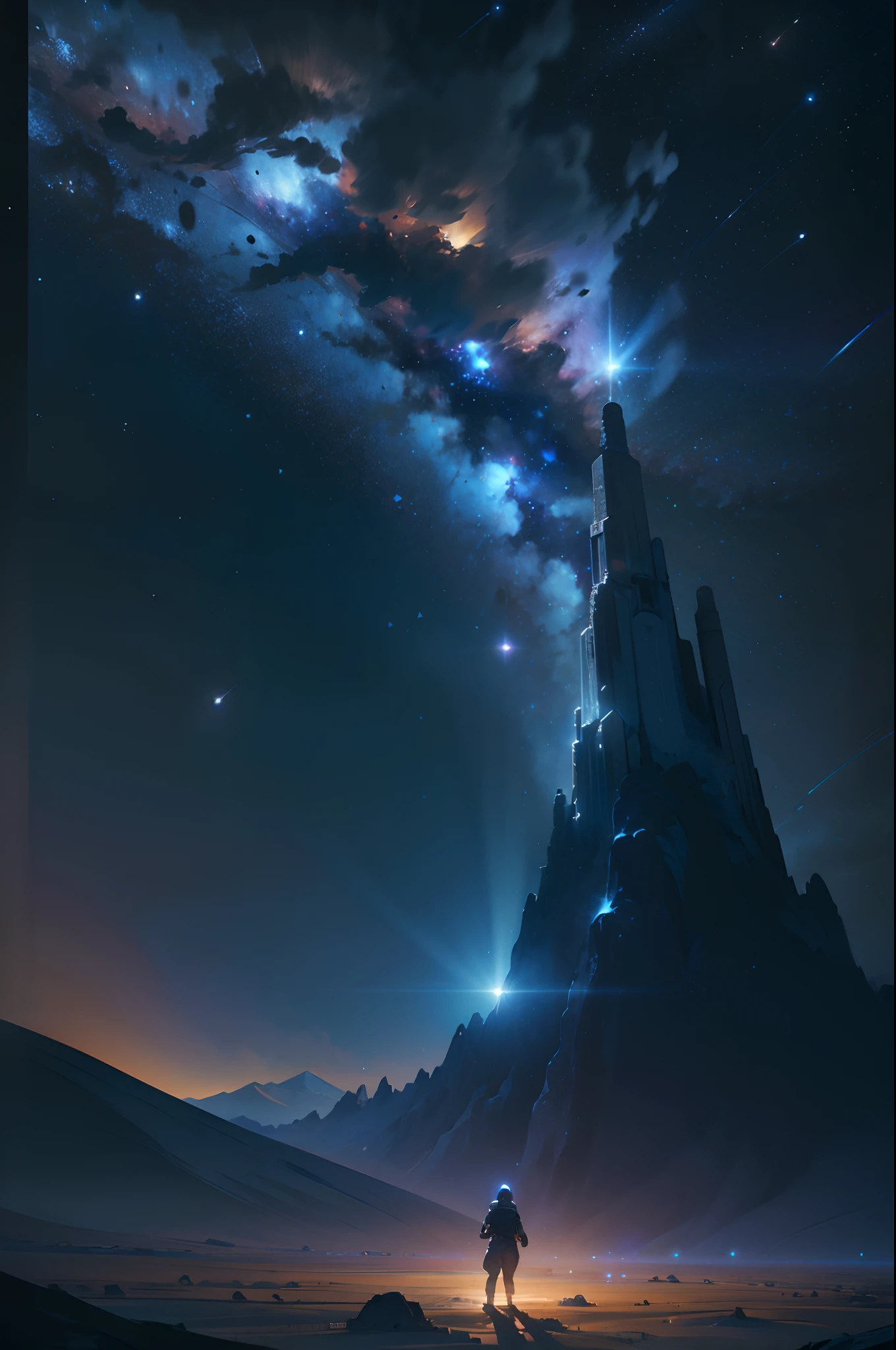 ((Best quality, 8K, Masterpiece)), Stand far away,People from afar,,The proportion of characters is very small,Small characters,Magnificent images of space in the distance,Interstellar,heavenly body,kosmos,space,depth of fields,Light,Depth-of-fie,A deep,Sense of space,upper sky
