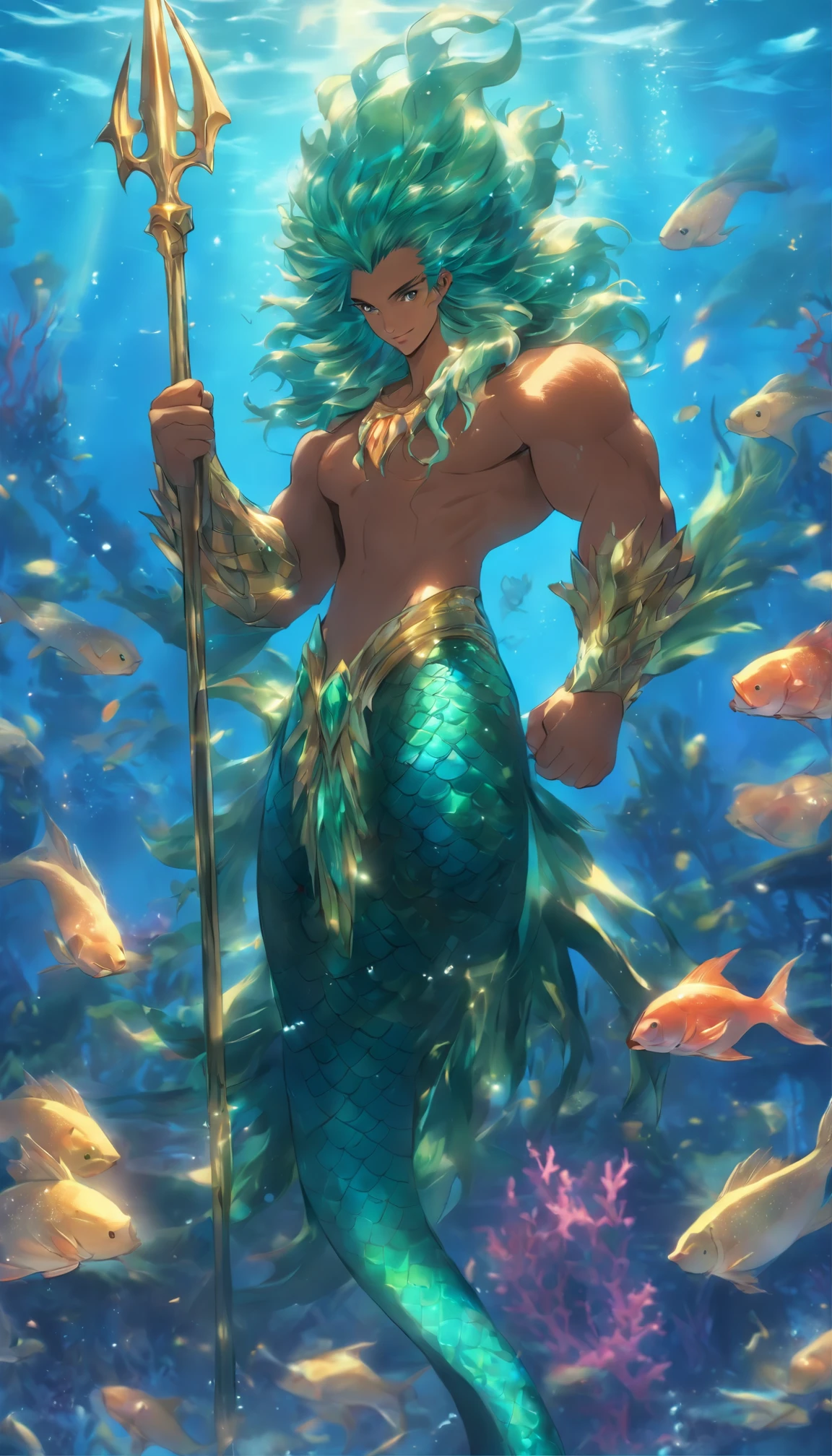 ((Mature male)), merfolk,((Solo)), ((The upper body is a human and the lower body is a fish)),The body of the fish replaces the legs,(((Wheat-colored skin))),(Blue-green scales),(Finned ears),Slag,musculous,vast pecs,Broad shoulders,Thick-breasted,((Bare upper body)),Gold crotch,Huge crotch bulge,Smooth skin,Glowing skin,glowing light eyes,((tiara studded with gemstones)),brown hair,Layered flowing short hair,King of mermaids,the god of the sea,(holding trident),Majestic expression,High- sharpness,High picture quality,tmasterpiece,Movie lighting,Skin with a real texture,hyperrealistic photo,Fantasy style,((full bodyesbian,in a panoramic view)),Underwater shooting,Background with:ocean floor,Surrounded by colorful fish,colorful coral,Colorful background,intricately details,Rich background