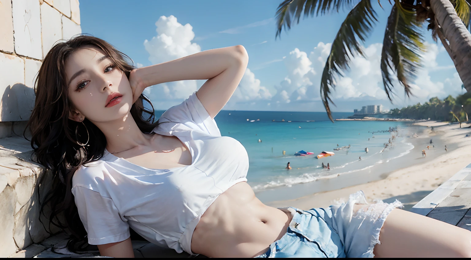 ((best qualtiy, 8K, tmasterpiece:1.3)), edgy:1.2, A beautiful woman with a perfect body:1.4, Slim Abs:1.2, ((Layered hairstyle, tits huge:1.2)), (Long shirt with wet white buttons:1.1),(Sateen,the street:1.2),wet:1.5,Highly detailed facial and skin texture,A detailed eye,Double eyelidd,Look at the camera sideways,open shirt,navels,exposed navel,Open your chest,Clothes with open breasts are sexy,(Tight-fitting shirts,Shirts soaked in rain),(The shape of the nipple is clearly visible.),The areola of the breast, Sunny weather, enormous breast, seaside, waves, palm tree, White t-shirt and ripped shorts, Sunny weather, enormous breast, seaside, waves, palm tree, White t-shirt and ripped shorts, Sunny weather, enormous breast, seaside, waves, palm tree, White t-shirt and ripped shorts