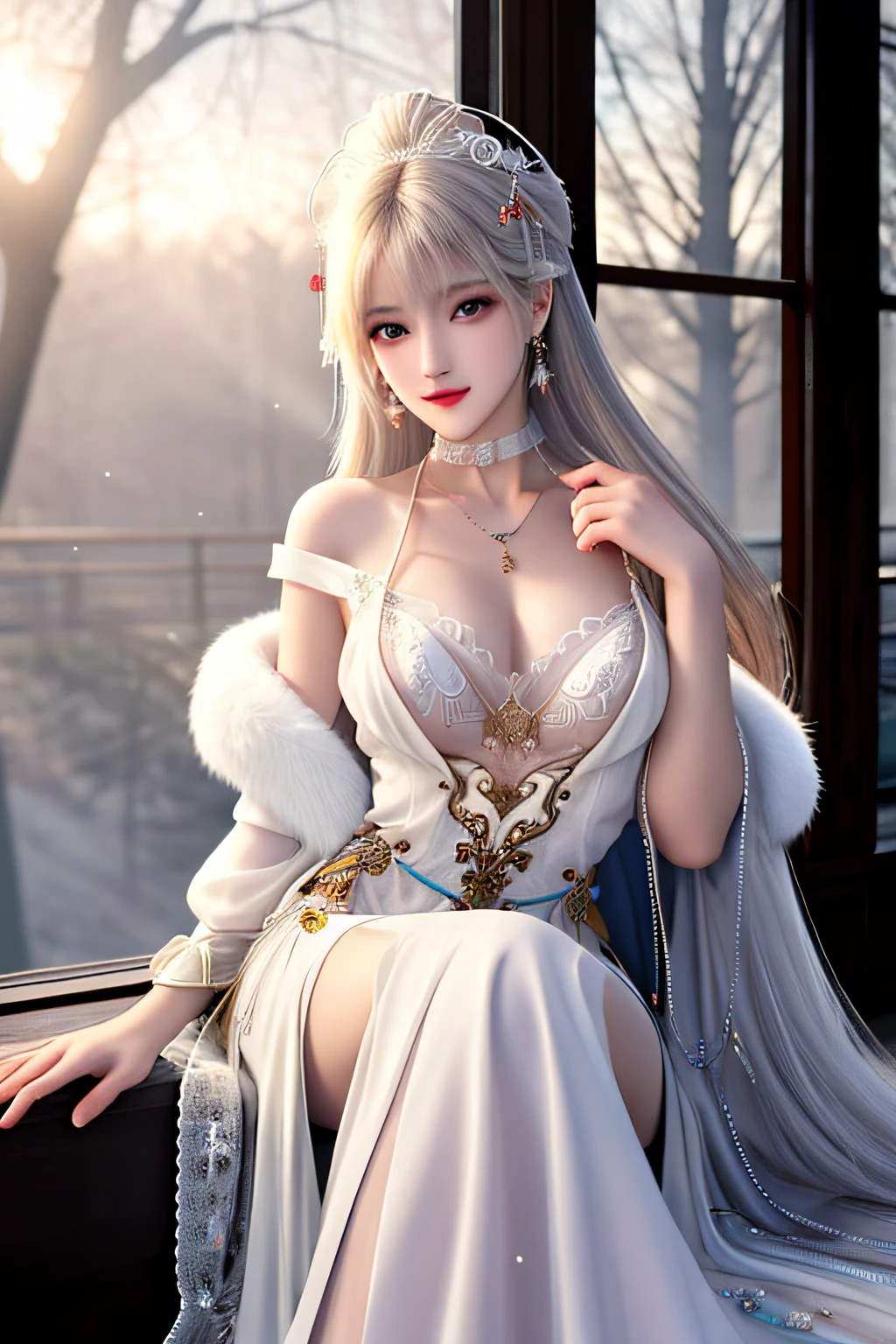best qualityer,8K, tmasterpiece, A high resolution, 1girll, Clear silk porcelain dress, Fur coat, hair adornments,Beautiful face shape,Perfect face shape, ssmile, Keep one's mouth shut, cparted lips,Large breasts,Shoulder, shift dresses, hair adornments, choker necklace, jewely, Chinese outfit, long whitr hair, 耳Nipple Ring, Detailed beautiful eyes, detailed eyelashes, beautiful face,after sexing_Body,Slender and long legs, Tyndall effect,realisticlying, edge lit, twotonelighting,(highdetailskin:1.2), 8K, Ultra HD, digital SLR camera, gentle illumination, high high quality, Volumetriclighting, Frankness, photore, A high resolution, Bokeh, at a forest, Falling snow, Winters, in the afternoon