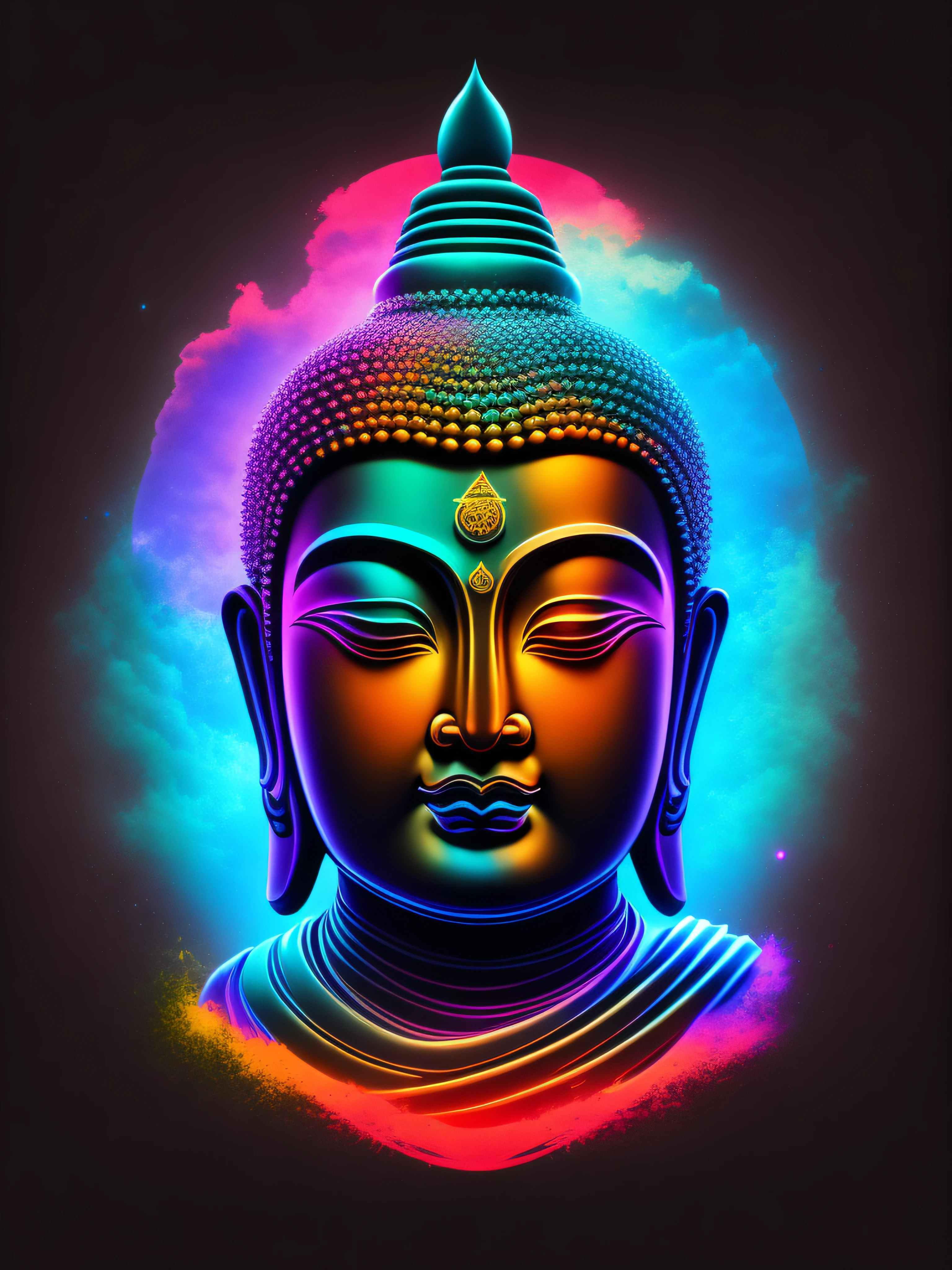 Head of the Buddha, auricular, capuz, cores frias em neon, design de camiseta, rzminjourney, arte vetorial