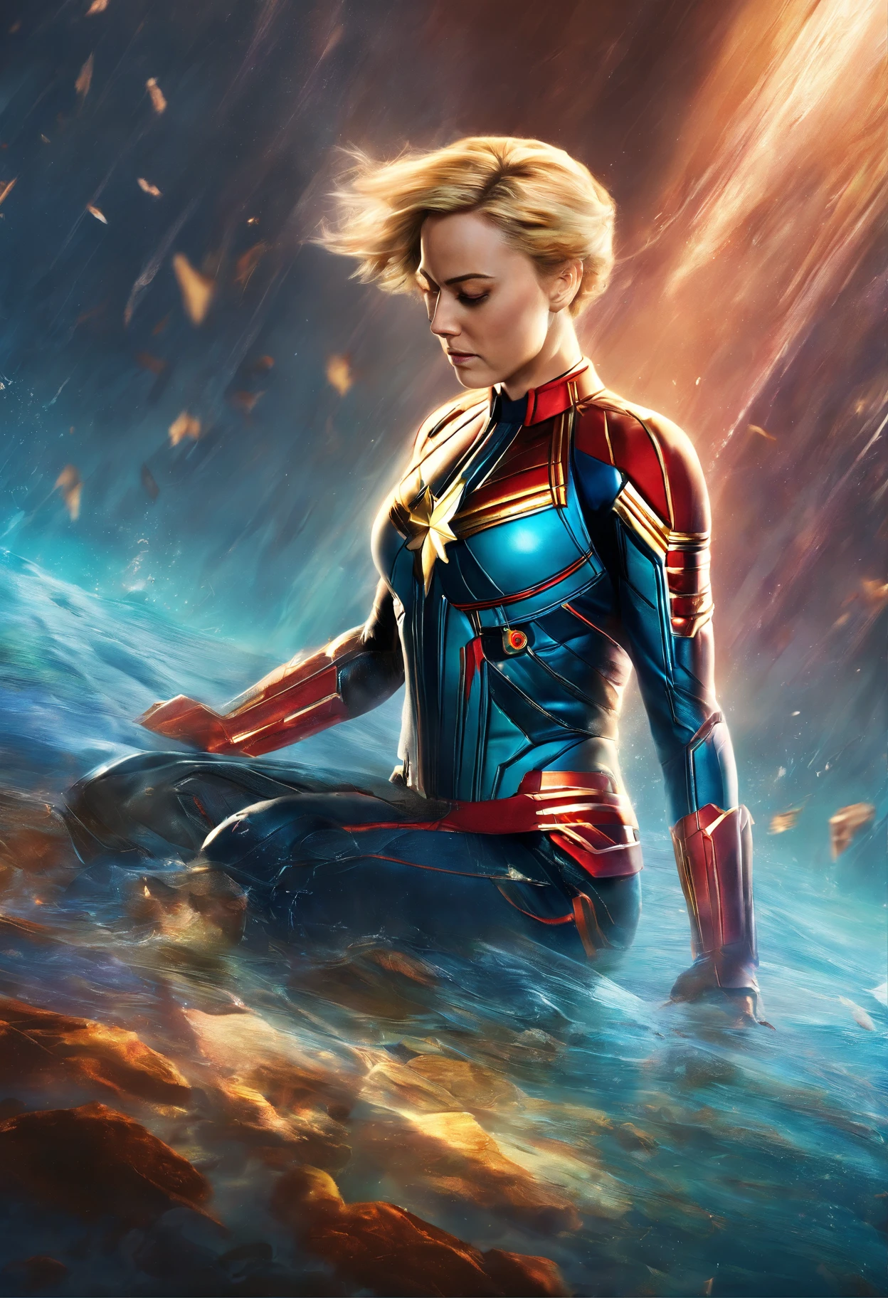 Captain Marvel underwater, beautiful, elegant, wet short blonde pixie-cut, portrait, 8k resolution concept art, dynamic lighting hyperdetailed, intricately detailed Splash art, trending on Artstation triadic colors, Unreal Engine 5, dramatic lighting Epic cinematic brilliant stunning intricate meticulously detailed dramatic atmospheric maximalist digital matte painting