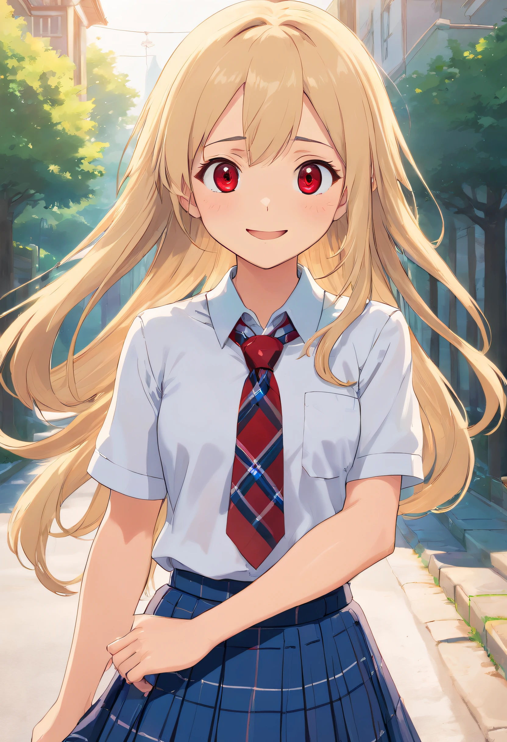 4K, Masterpiece, highres, absurdres,natural volumetric lighting and best shadows, deep depth of field, sharp focus, soft delicate beautiful attractive face,bisquedoll anime style ,[kitagawa marin|Nadia], 1girl, :d, upper body, bead bracelet, beads, black necktie, blonde hair, blue skirt, blush, bracelet, hand on own hip, jewelry, long hair, looking at viewer, necktie, open mouth, plaid, plaid skirt, red eyes, school uniform, shirt, outdoors, skirt, smile, solo, standing,white background, white shirt,