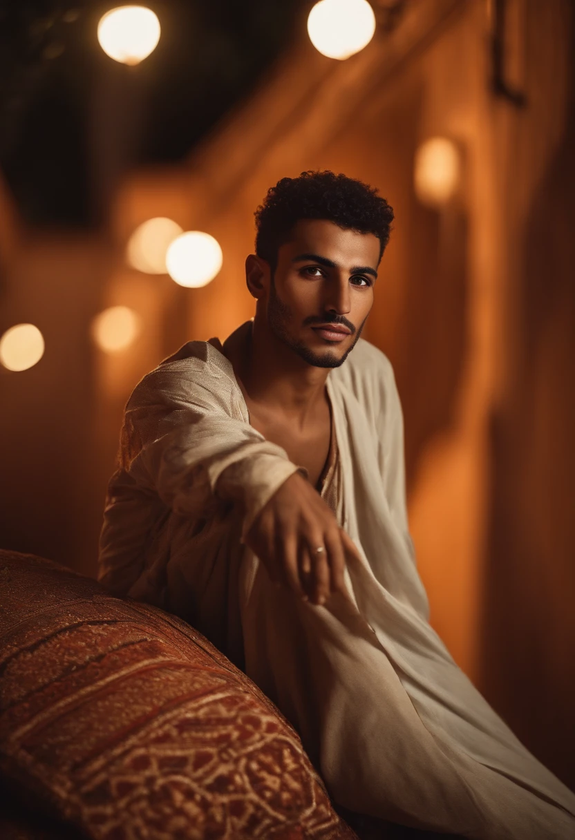 world press photo winner, (award-winning photography:1.3), (modern Moroccan man, beautiful face, 23-years old guy, Moroccan skin tone, typical Moroccan male features:1.4), clear asymmetrical eyes, (very sharp photo:1.1), (8k, RAW photo, best quality:1.3), (realistic, photo-realistic, modest clothes:1.1), riad rooftop, Marrakech view, Amazigh pillows, romantic, moroccan lamps, sexy, gorgeous roses, exotic, glimmering lights, magical, super romance, Portait of a (sexy modern Moroccan man under the stars:1.5), analog style (look at viewer:1.2) (skin texture) (film grain:1.3), (warm hue, warm tone:1.2), cinematic light, sidelighting, ultra high res, best shadow, RAW, full body, wearing button-up shirt