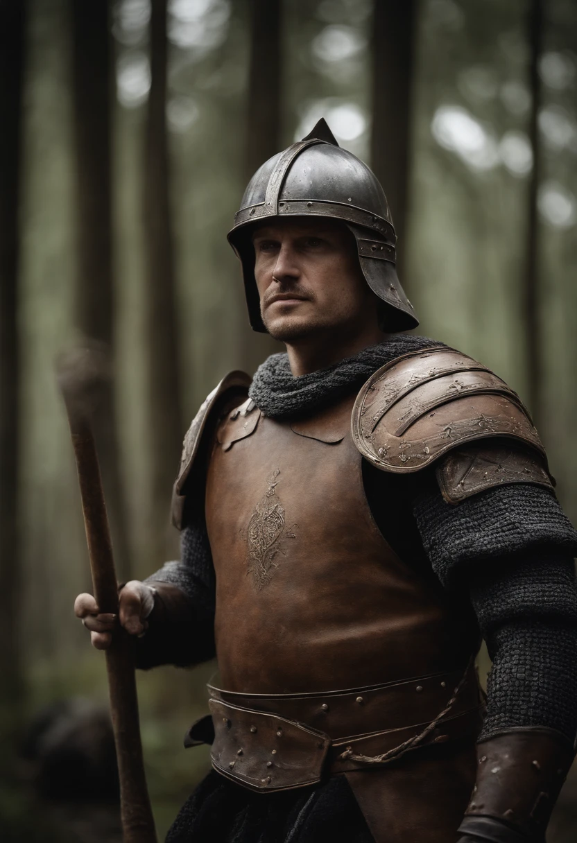 A warrior with an axe,Dressed in medieval armor,8k,ultraclear,art of photography,rich details,Cinematic texture。