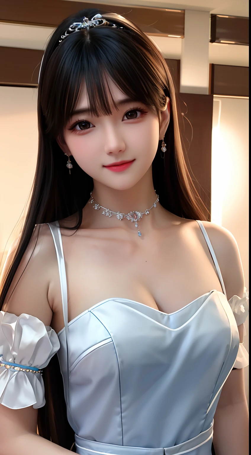 Best quality, masterpiece, high resolution, 1girl, porcelain dress, hair accessories, necklace, jewelry, beautiful face, on the body, Tyndall effect, realistic, dark studio, edge lighting, two-tone lighting, (high detail skin: 1.2), 8k UHD, dslr, soft light, high quality, volumetric light, candid, photo, high resolution, 4k, 8k, background blur,
