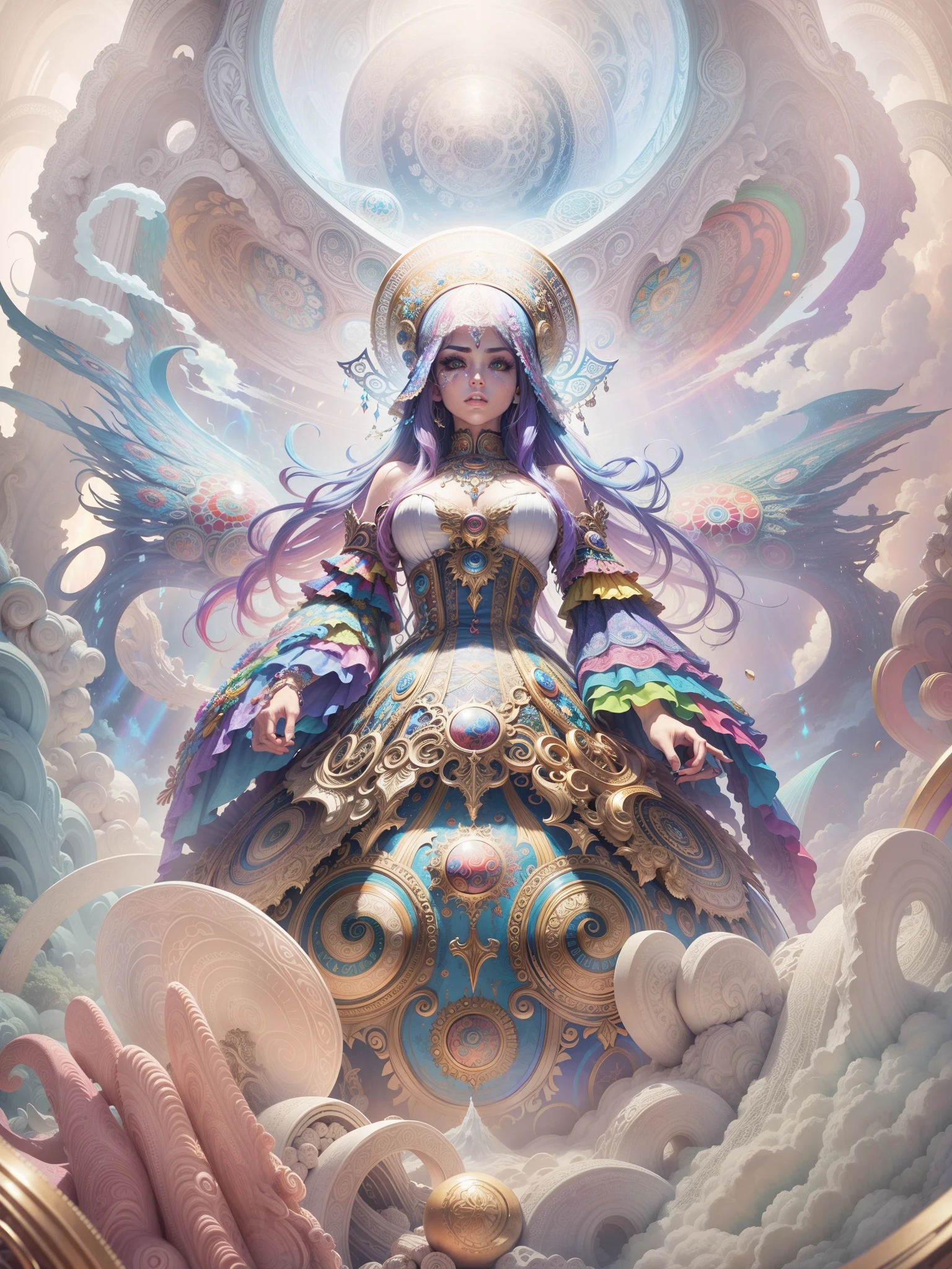 Intricate details, many colorful, psychedelic art, trippy, Heaven and hell, battle, full objects show, candy, rainbow, beautiful face