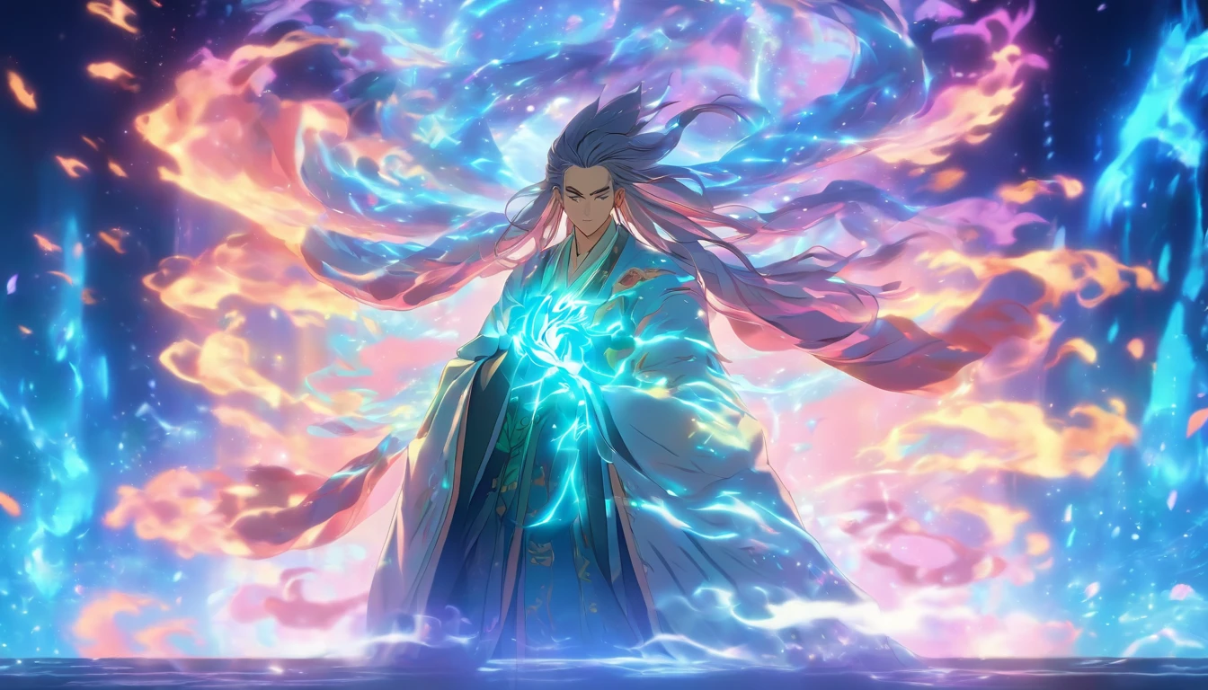 China-style,The Taoist priest stood in front of a huge transparent glowing projection,Stretch your hands,Long messy hair,Glow effects,8K,super-fine,tmasterpiece,high qulity