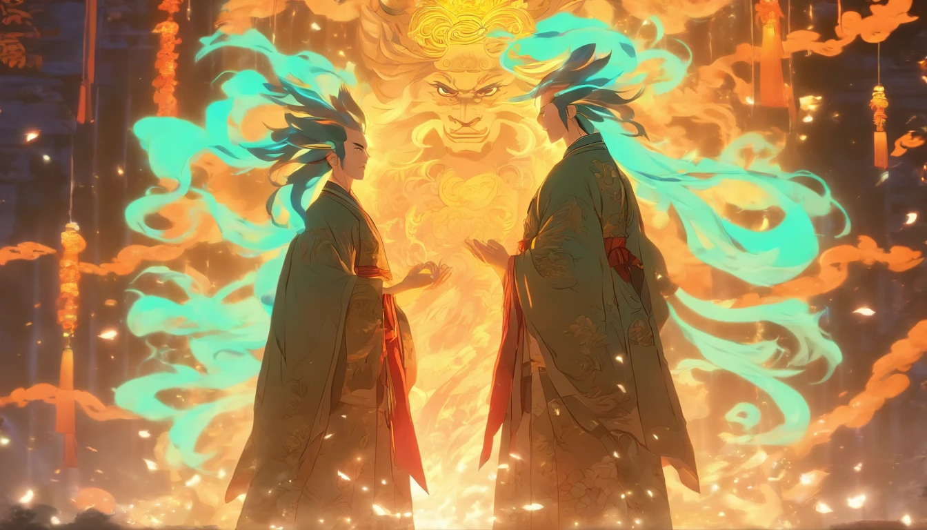 China-style,The Taoist priest stood in front of a huge transparent glowing projection,Stretch your hands,Long messy hair,Glow effects,8K,super-fine,tmasterpiece,high qulity