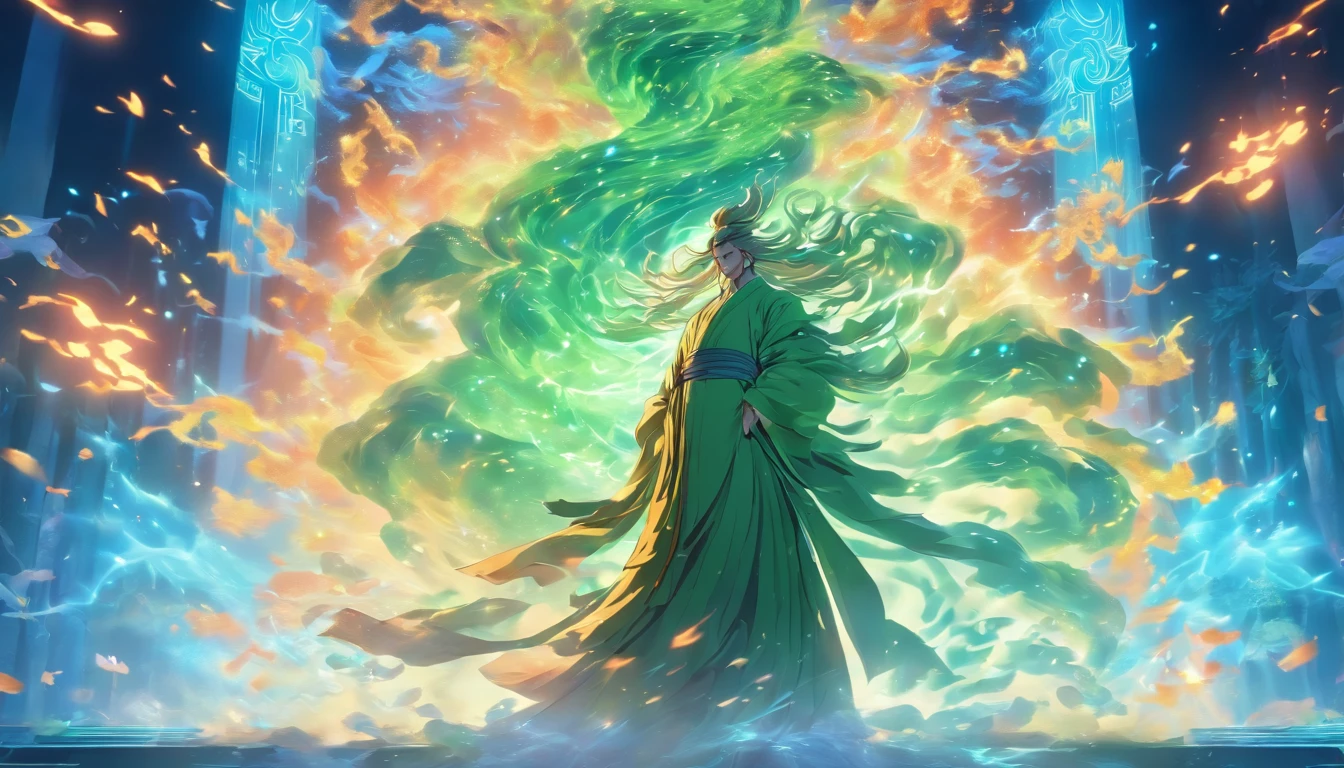 China-style，The Taoist priest stood in front of a huge transparent glowing projection，Stretch your hands，Long messy hair，Glow effects，8K，super-fine，tmasterpiece，high qulity