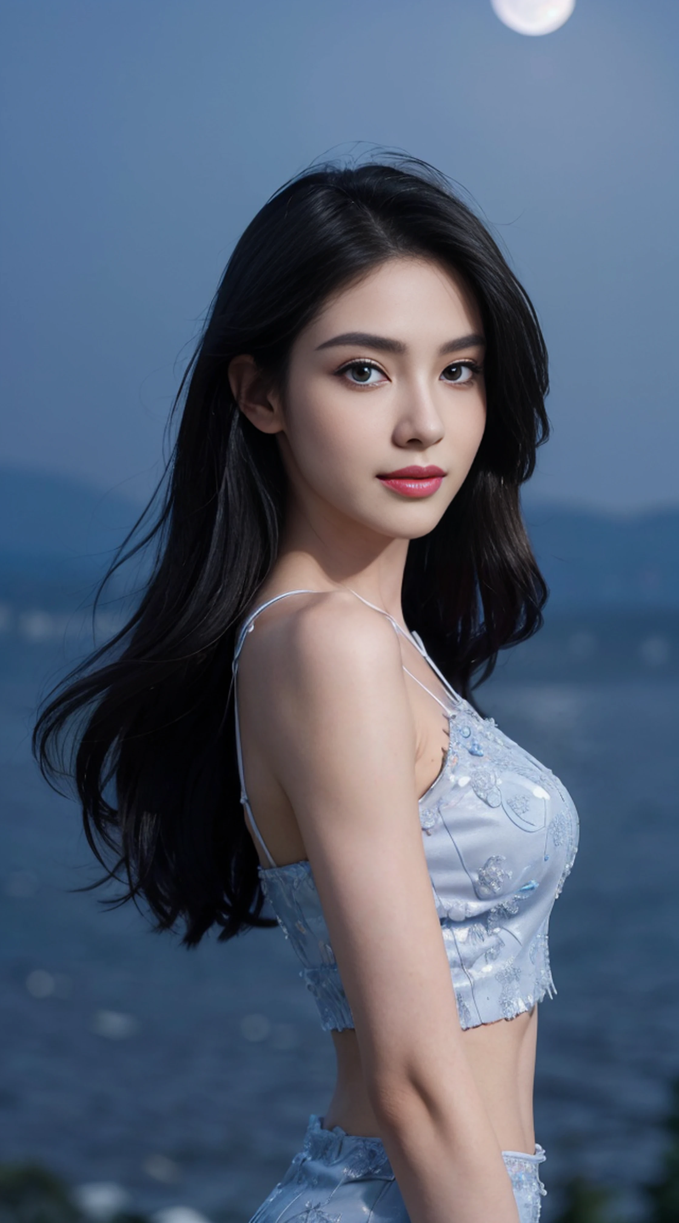 8K, Top Quality, Intricate Details, Ultra Detail, Ultra High Resolution, Masterpiece, random angle, Slender, Smile, (Makeup: 0.4), (Fluffy Blue Eyes: 1.21), blue Eyes, looking at viewer, ((full body)), 1girl, solo, 1 girl, (( full body)), close up shot, , ((tall)), (((fit body))), (((slim face))), sharp face, sharp eyes, (((black hair, long hair, )) , (detailed face), sharp face, small lips, windy ,
(( )), ((shawl)), detailed face, detailed breast, , large breast, detail ass, , Beautiful girl with accentuated slender abs: 1.4, Six Pack Abs: 1.4, Bust Botox, Big, Perfect Body, detail leg, (( moonlight)), top of mountain