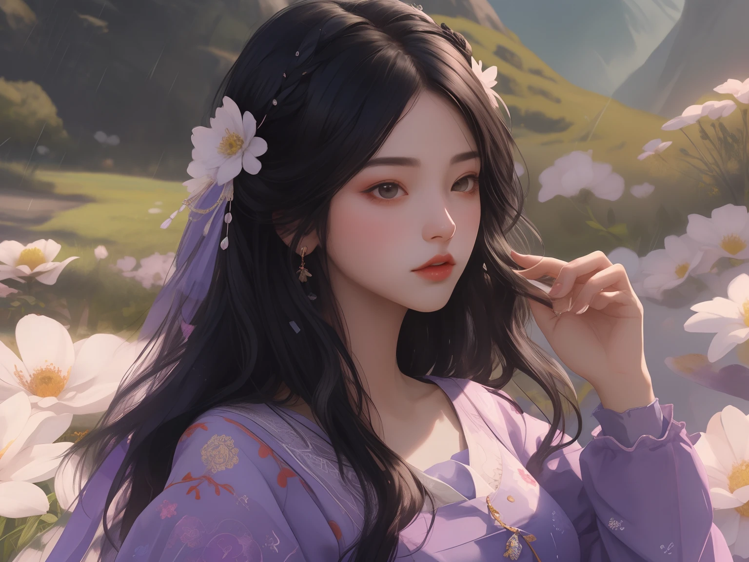 1 flat-chested girl,Close-up of upper body portrait,Black color hair,floated hair,Hazy beauty,Extremely beautiful facial features,Purple embroidered tulle dress,with a hairpin on her head,Lying in the flowers,Perfect anatomy,(Skinny figure,flatchest),White flowers,(springtime, Rainy days, terraced, mountain ranges), Simple vector art, Contemporary Chinese art, the soft light,Overlooking