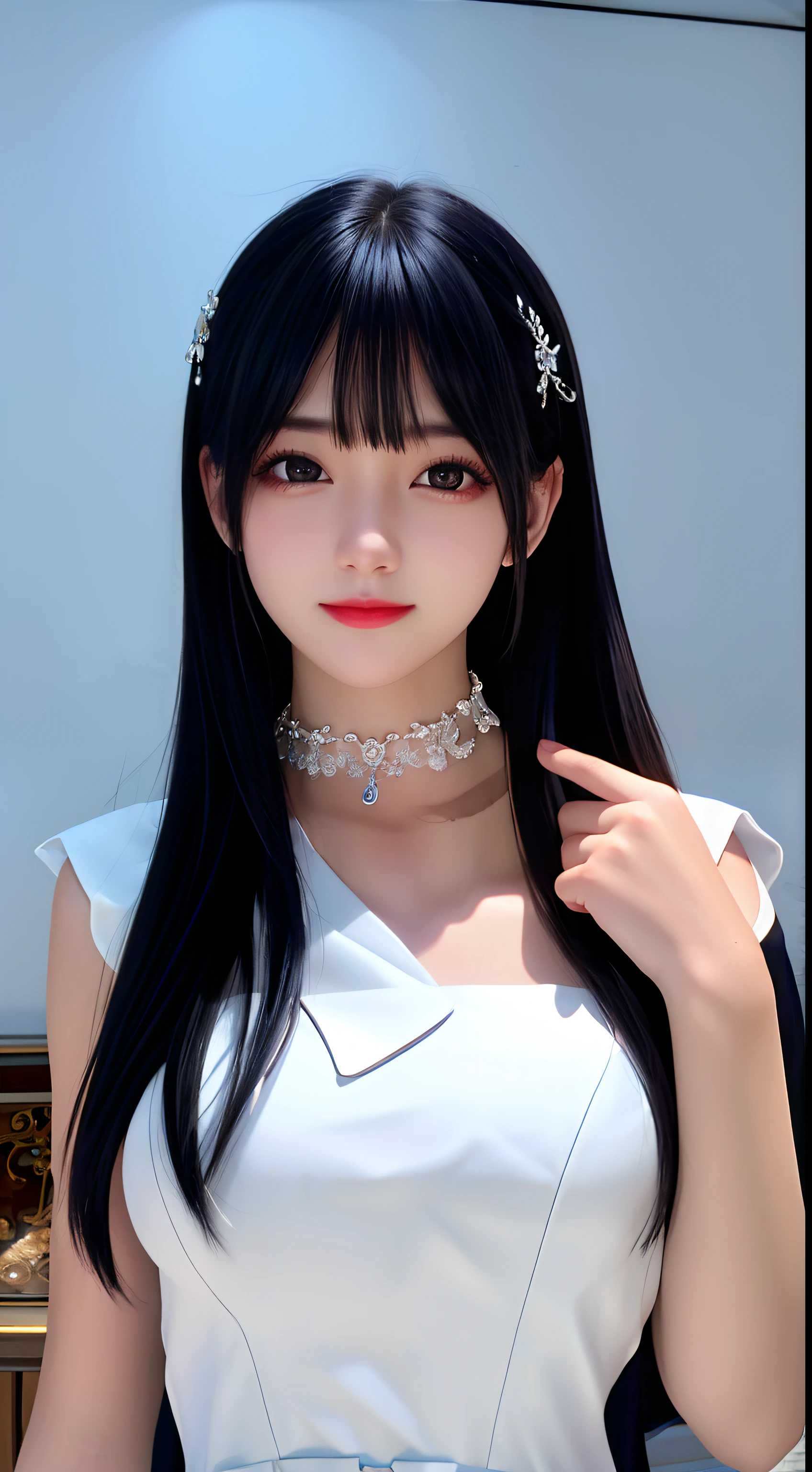 Best quality、tmasterpiece、A high resolution、1girl、Porcelain dress、hair adornments、choker necklace、jewely、pretty face、Large breasts、Physically、Tyndall effect、realisticlying、Shadow Studio、edge lit、bicolor lighting、(highdetailskin:1.2)、8k UHD、dslr、softlighting、high high quality、volumettic light、sneak shot、photore、A high resolution、4k、8k、