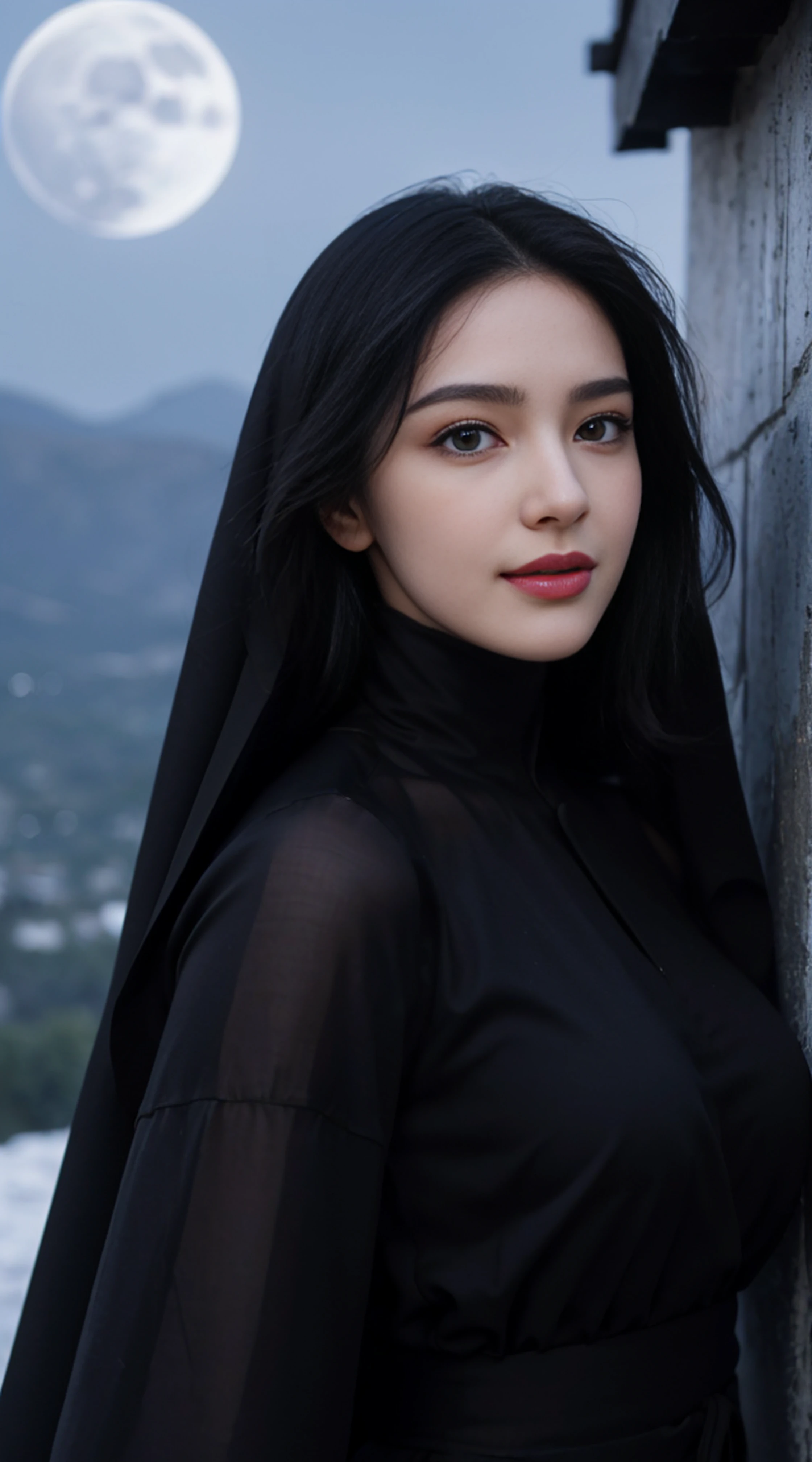 8K, Top Quality, Intricate Details, Ultra Detail, Ultra High Resolution, Masterpiece, random angle, Slender, Smile, (Makeup: 0.4), (Fluffy Blue Eyes: 1.21), blue Eyes, looking at viewer, ((full body)), 1girl, solo, 1 girl, (( full body)), close up shot, , ((tall)), (((fit body))), (((slim face))), sharp face, sharp eyes, (((black hair, long hair, )) (detailed face), sharp face, small lips,
(( Abaya)), detailed face, detailed breast, , large breast, detail ass, , Beautiful girl with accentuated slender abs: 1.4, Six Pack Abs: 1.4, Bust Botox, Big, Perfect Body, detail leg, (( moonlight)), top of mountain