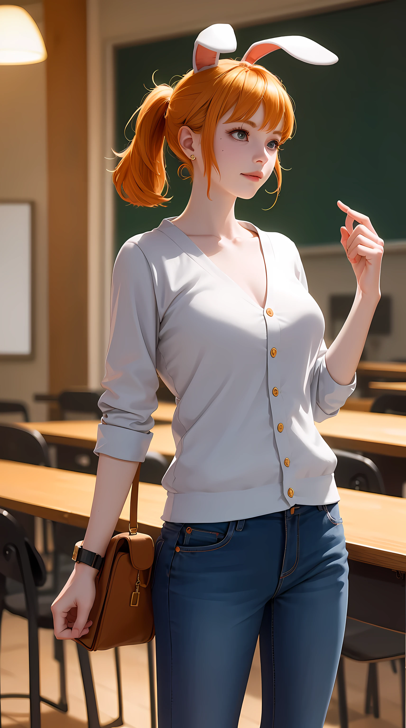 carrot from the anime one piece, short hair, orange hair, ponytail, has bunny ears, ponytail, beautiful, beautiful woman, perfect body, perfect breasts, wearing a white shirt, black cardigan, long jeans, handbag, wearing a watch, wearing earrings, in class, at college, university, blackboard, looking at the audience, a slight smile, realism, masterpiece, textured leather, super detailed, high detail, high quality, best quality, 1080p, 16k