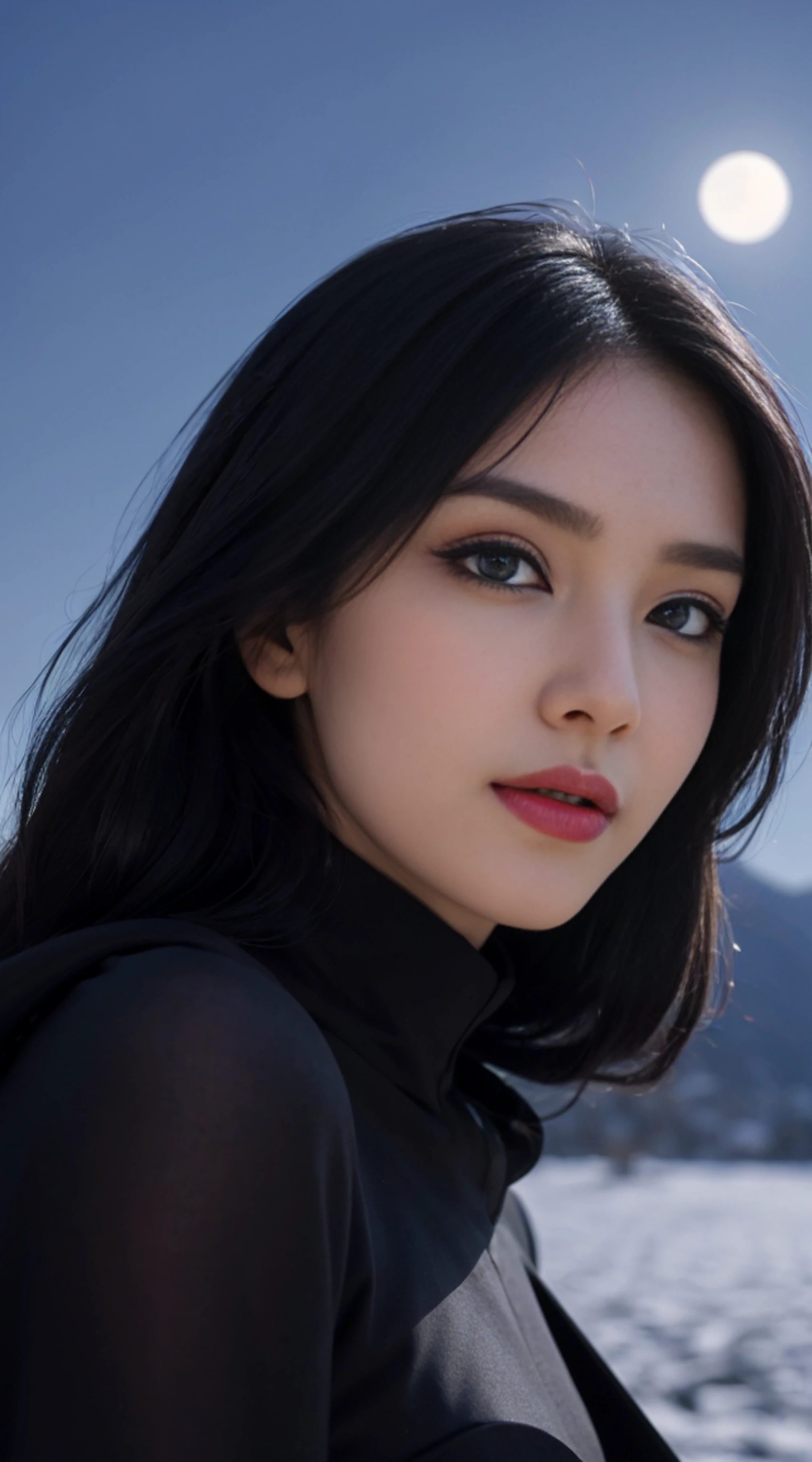 8K, Top Quality, Intricate Details, Ultra Detail, Ultra High Resolution, Masterpiece, random angle,  Slender, Smile, (Makeup: 0.4), (Fluffy Blue Eyes: 1.21), blue Eyes, looking at viewer, ((full body)), 1girl, solo, 1 girl, (( full body)), close up shot, , ((tall)), (((fit body))), (((slim face))), sharp face, sharp eyes, (((black hair, long hair, ))  (detailed face), sharp face, small lips, 
 (( Abaya)),  detailed face, detailed breast, , large breast, detail ass, , Beautiful girl with accentuated slender abs: 1.4, Six Pack Abs: 1.4, Bust Botox, Big, Perfect Body, detail leg, (( moonlight)), top of mountain