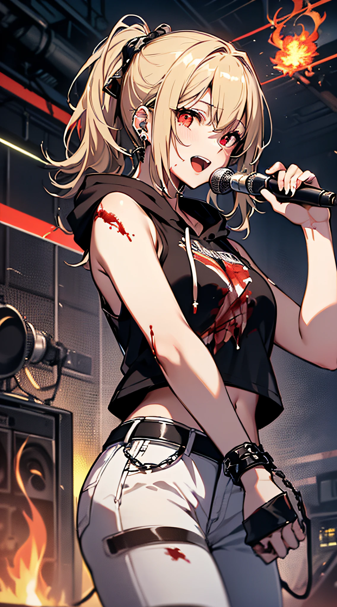 top-quality、Top image quality、​masterpiece、girl with((18year old、tatteredclothing、Black tank top、Black short-sleeved hoodie、White pants、Best Bust、Bust 85、a blond、disheveled ponytail、Red Eyes、open chest wide、Happiness、Return blood、Blood from the mouth、Chain Accessories、holding the mic、Voice bubbles(I love you),Singing)）hiquality、visualart、Background with((Live performance venue、knight、Combustion Renditions、Laser Pointer))、