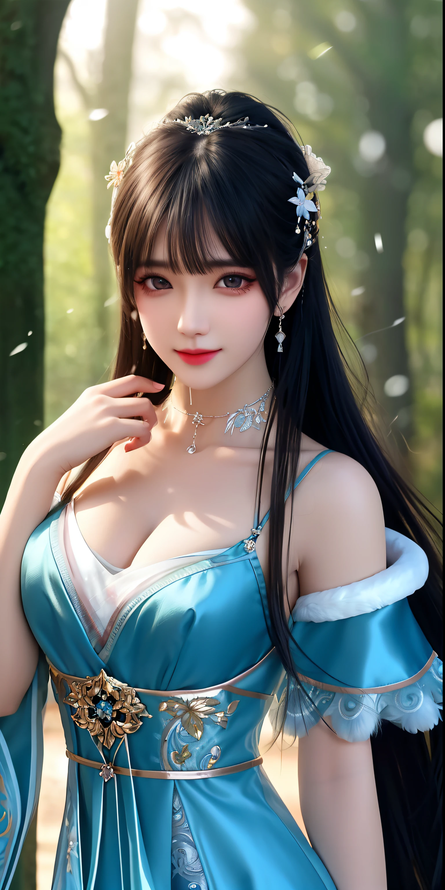 best qualityer，8K， tmasterpiece， A high resolution， 1girll， Clear silk porcelain dress， Fur coat， hair adornments， ssmile， Keep one's mouth shut， cparted lips，Large breasts，Shoulder， shift dresses， hair adornments， choker necklace， jewely， Chinese outfit， long whitr hair， 耳Nipple Ring， Detailed beautiful eyes， detailed eyelashes， beautiful  face，after sexing_Body， Tyndall effect，realisticlying， edge lit， twotonelighting，（highdetailskin：1.2）， 8K, Ultra HD， digital SLR camera， gentle illumination， high high quality， Volumetriclighting， Frankness， photore， A high resolution， Bokeh， at a forest， Falling snow， Winters， in the afternoon