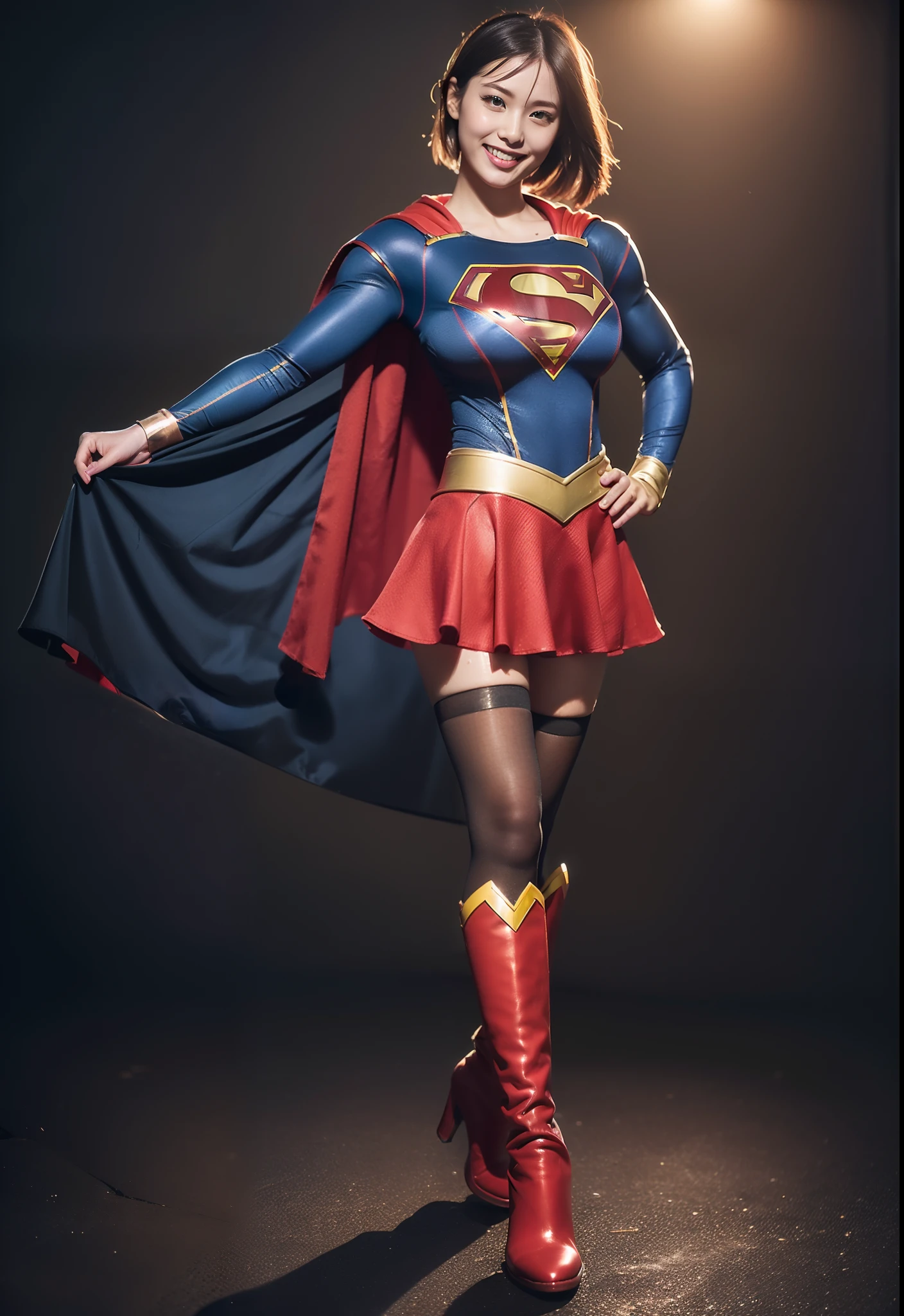 (((Make the most of the original image)))、(((Supergirl Costume)))、(((lustrous dark hair)))、(((Suffering)))、(((Feet must necessarily be worn with black tights)))、(((Smile)))、(((You need to wear red boots)))、((Top image quality、8K))、((top-quality、8K、​masterpiece:1.3))、Crisp focus:1.2、Beautiful woman with perfect body shape:1.4、Slender Abs:1.2、((layers-Cut、large boob:1.2))、a wet body:1.5、Highly detailed facial and skin texture、
